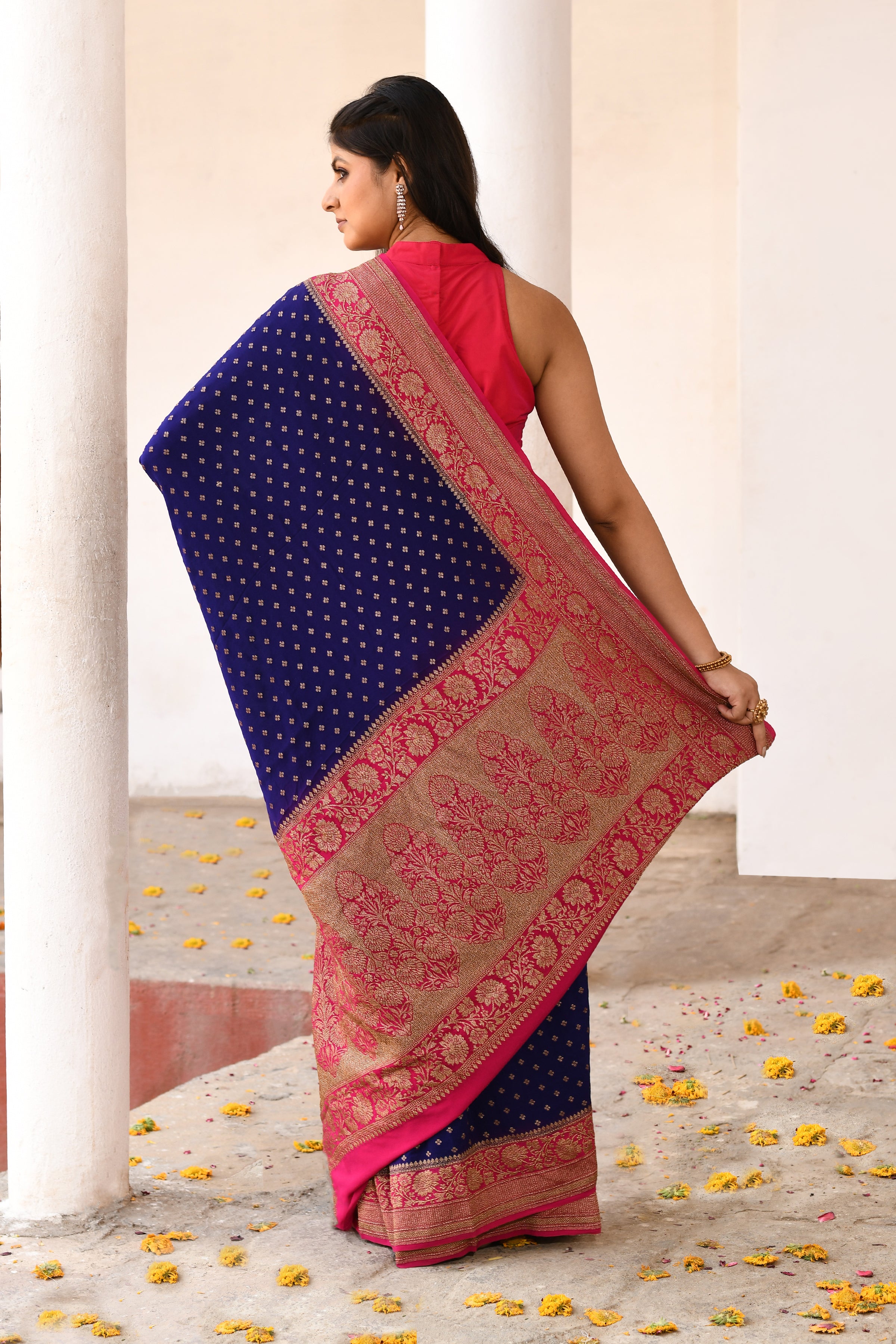 Navy Blue Banarasi Crape Chiffon Silk Saree
