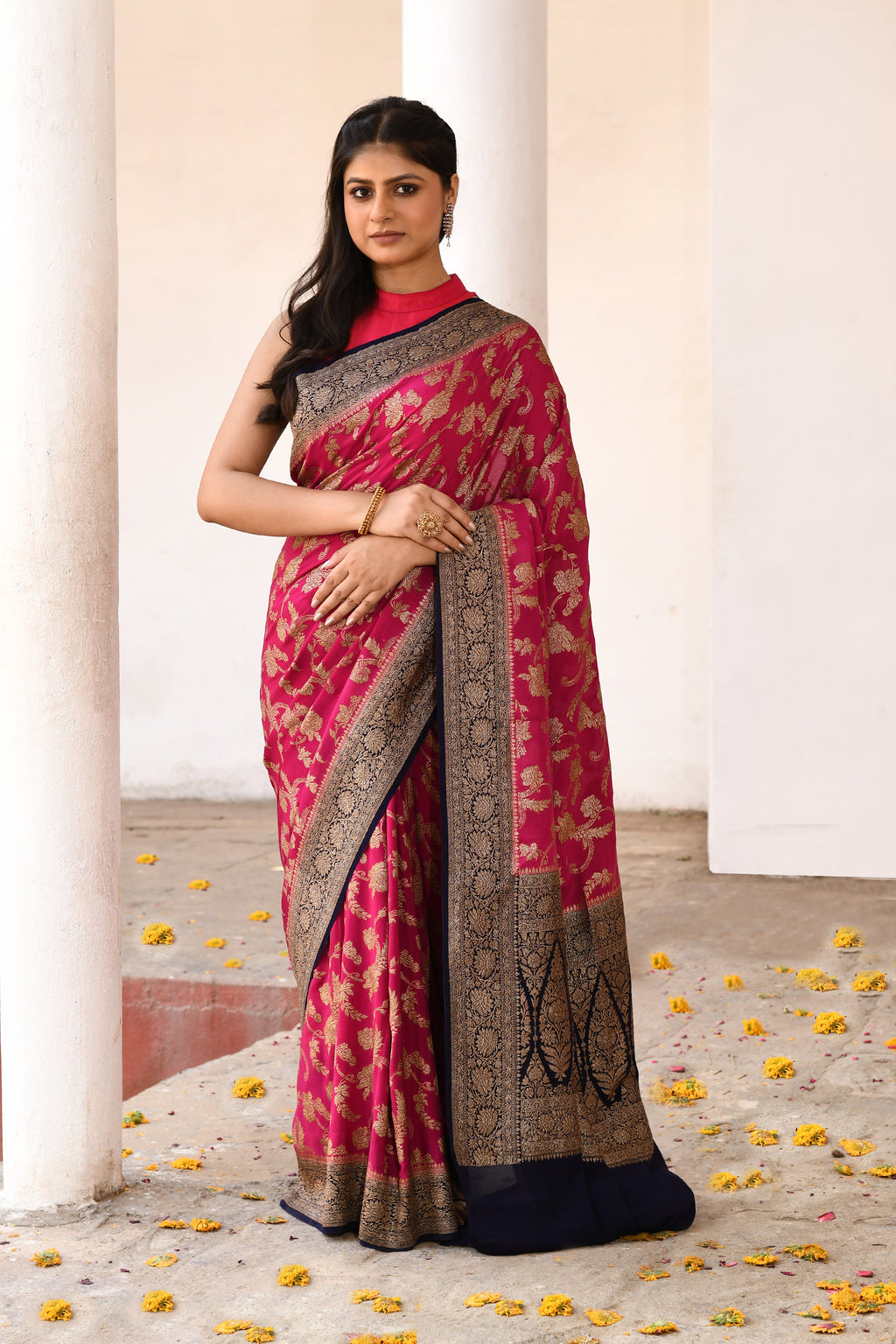 Rani Pink Banarasi Crape Chiffon Silk Saree