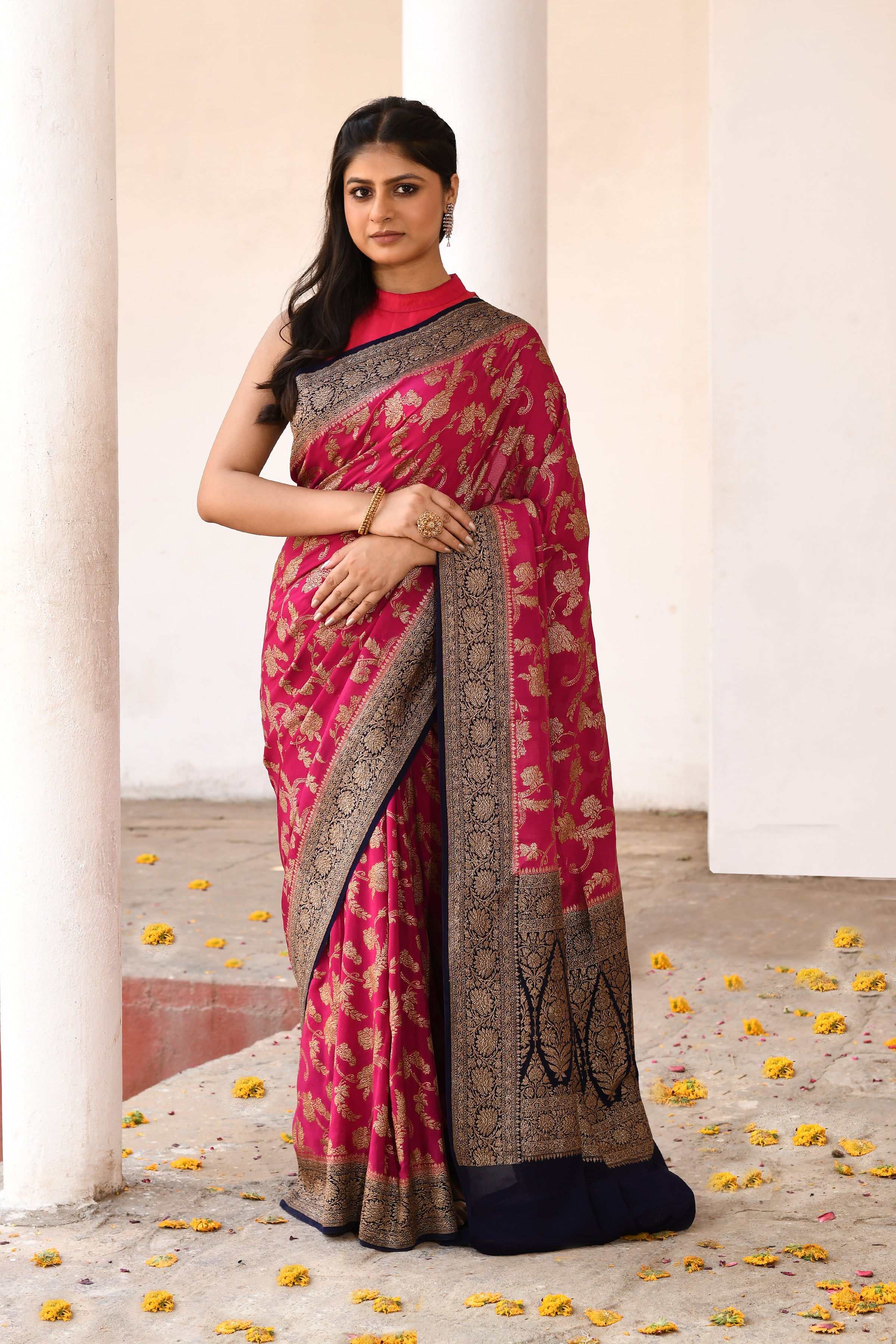 Rani Pink Banarasi Crape Chiffon Silk Saree
