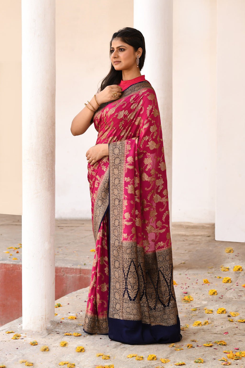 Rani Pink Banarasi Crape Chiffon Silk Saree