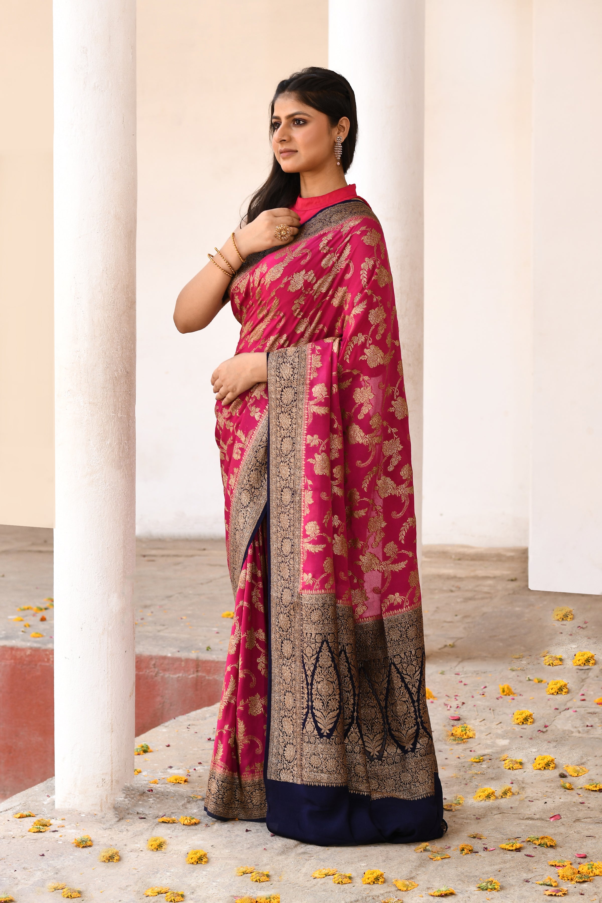 Rani Pink Banarasi Crape Chiffon Silk Saree