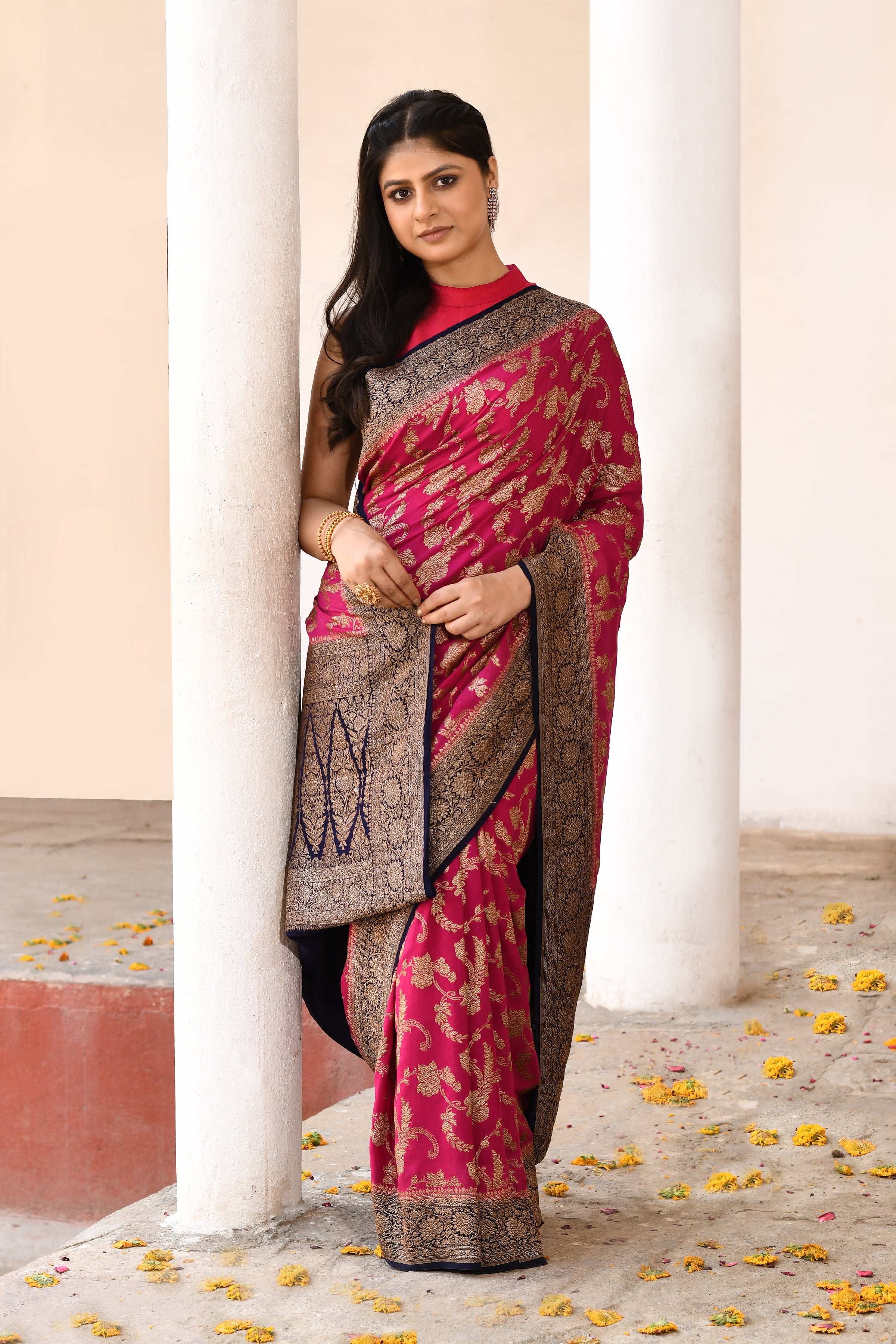 Rani Pink Banarasi Crape Chiffon Silk Saree