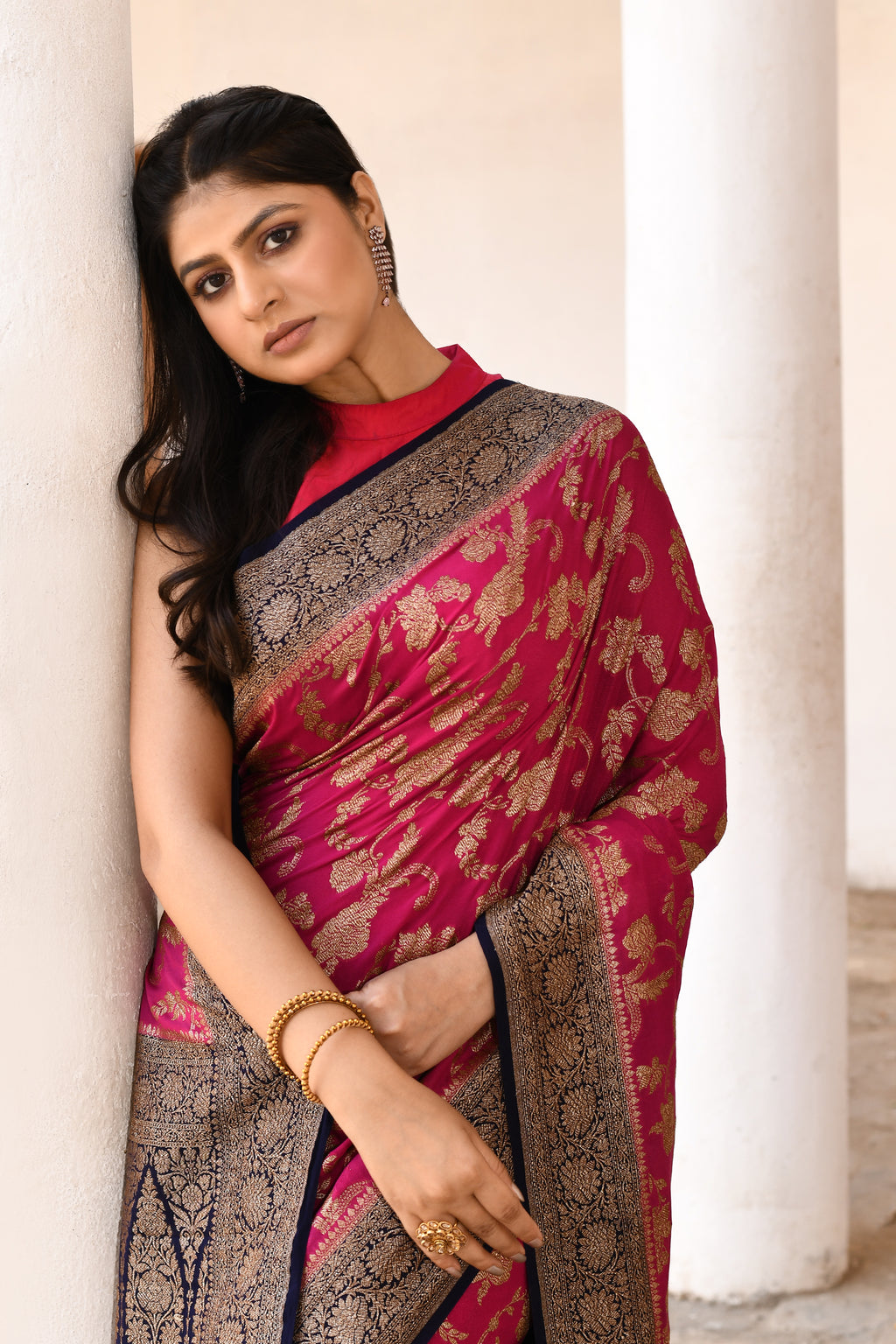 Rani Pink Banarasi Crape Chiffon Silk Saree