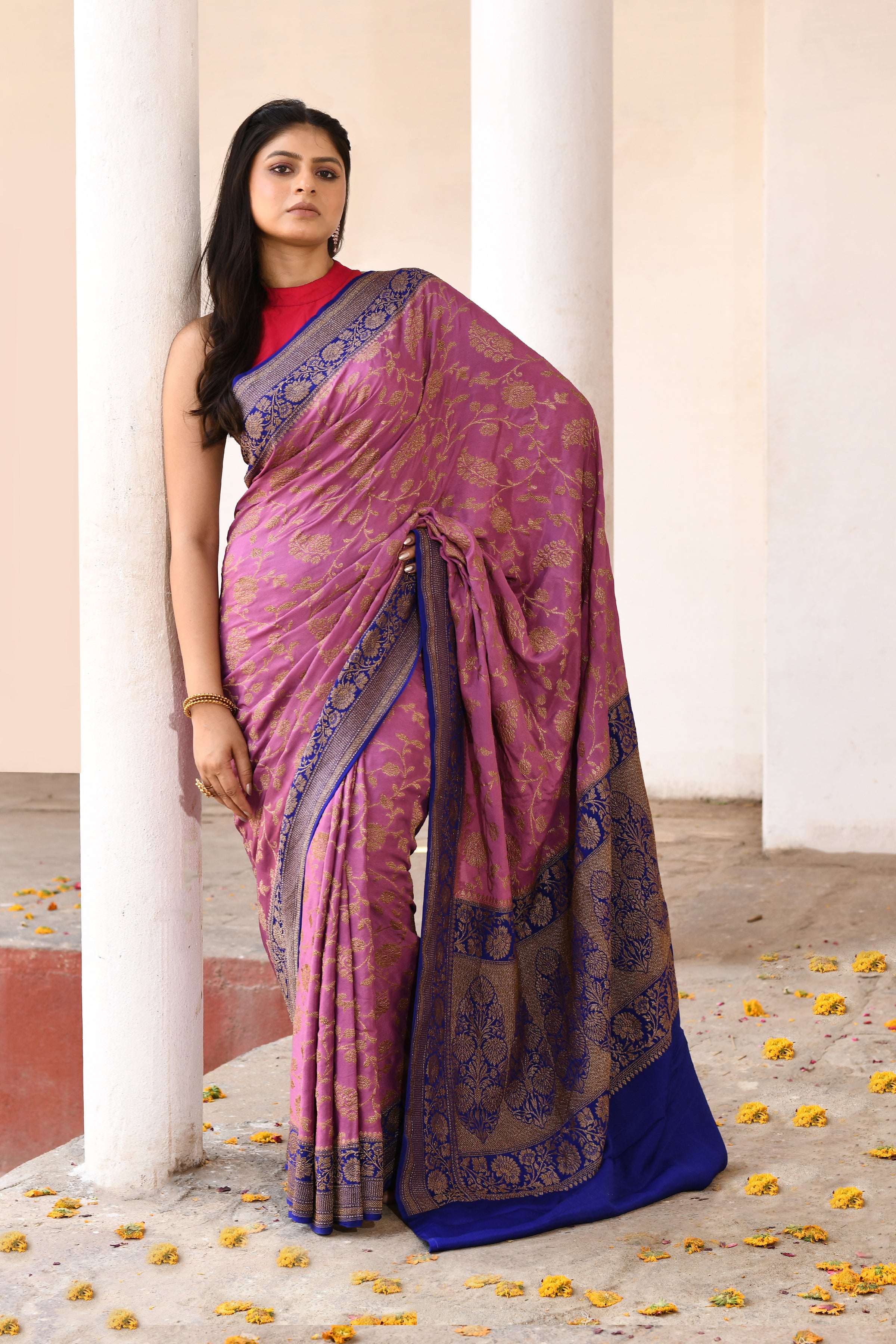 Pink Banarasi Crape Chiffon Silk Saree