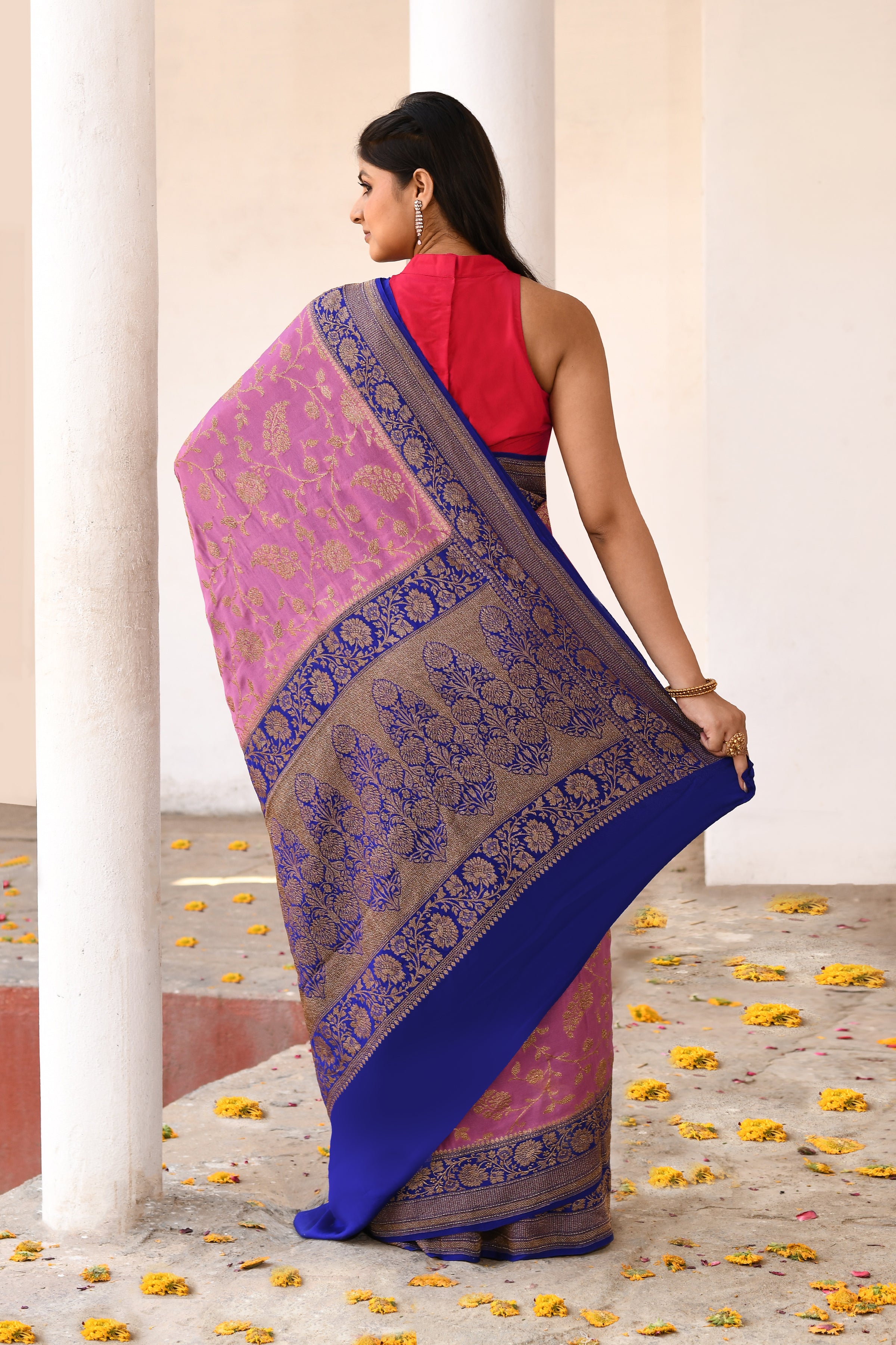 Pink Banarasi Crape Chiffon Silk Saree