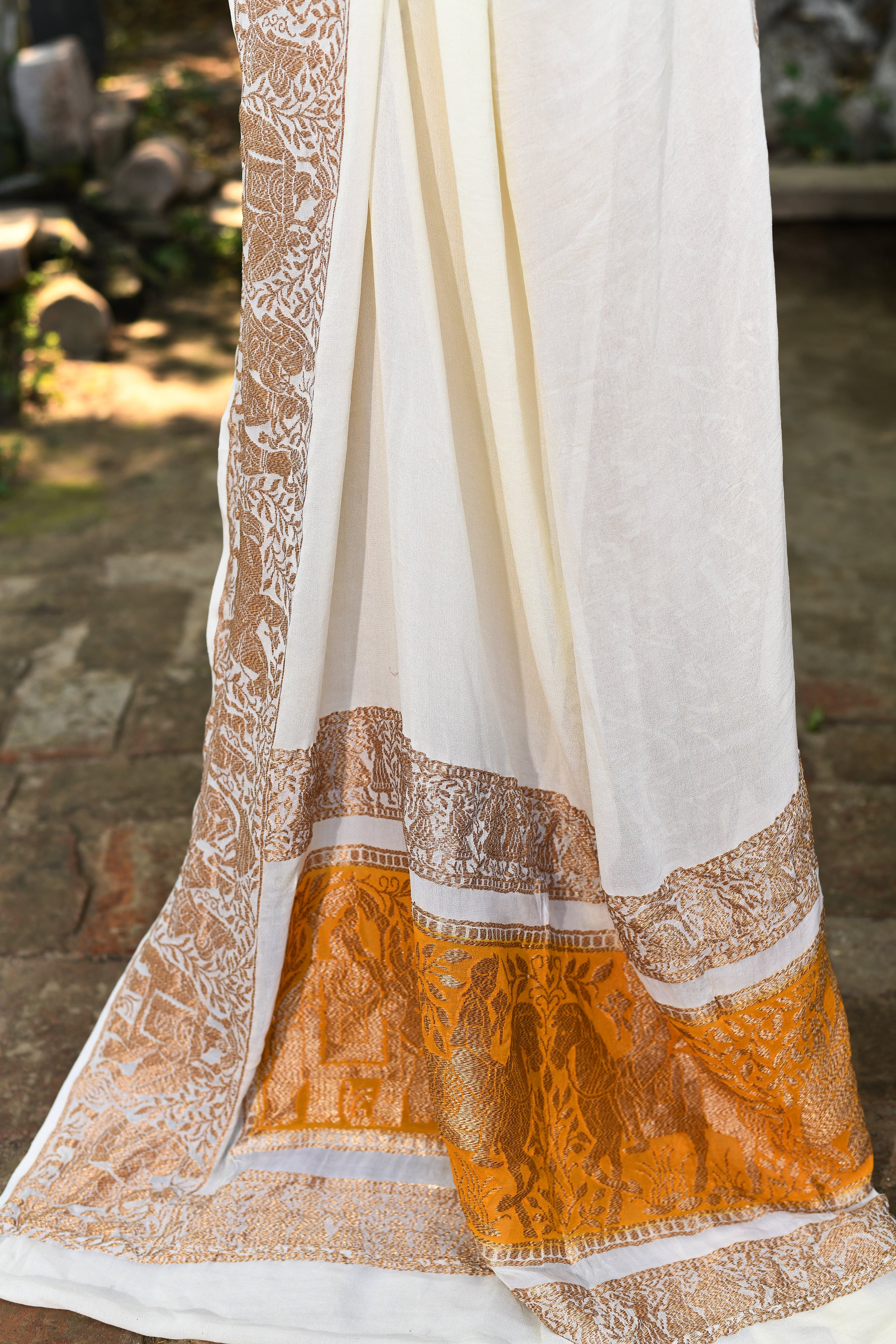 Cream Banarasi Crape Chiffon Silk Saree