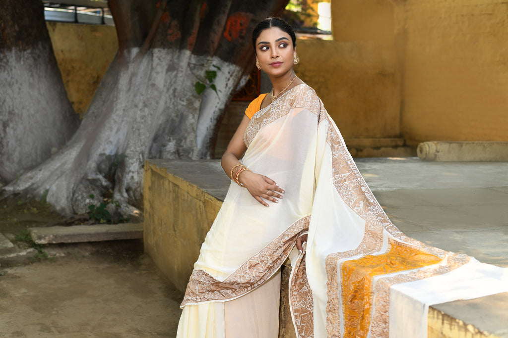 Cream Banarasi Crape Chiffon Silk Saree