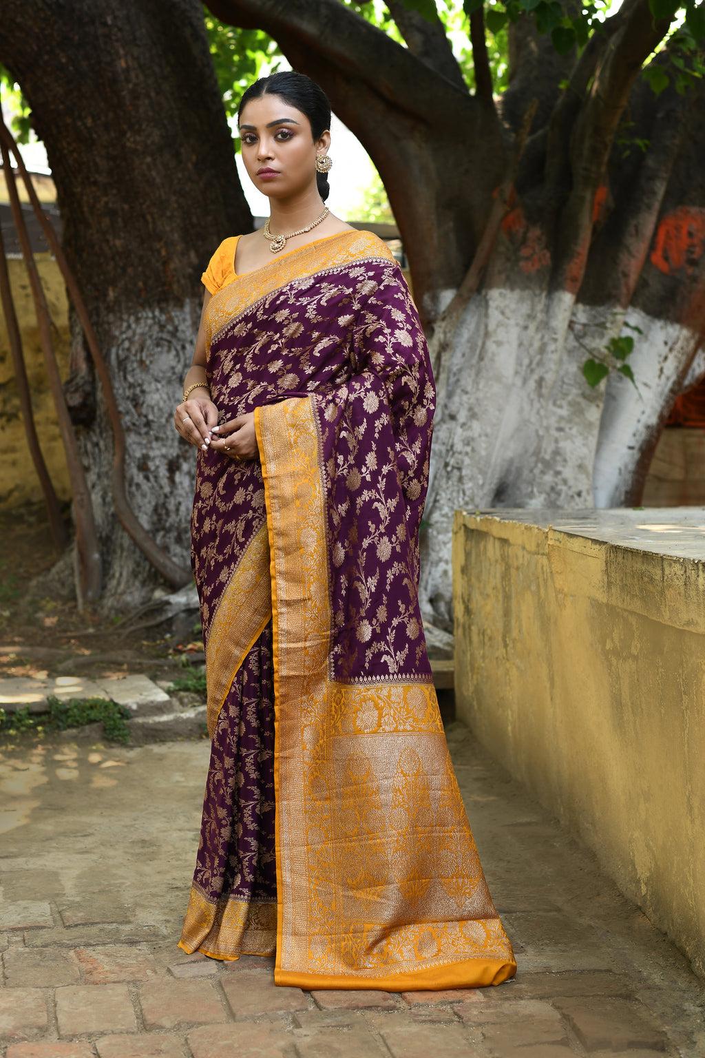 Purple Banarasi Crape Chiffon Silk Saree