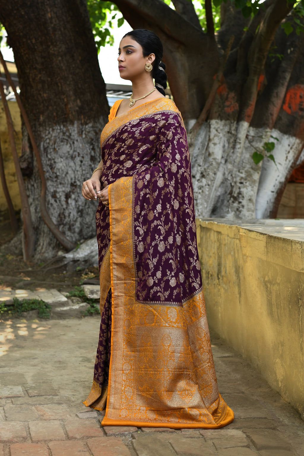 Purple Banarasi Crape Chiffon Silk Saree