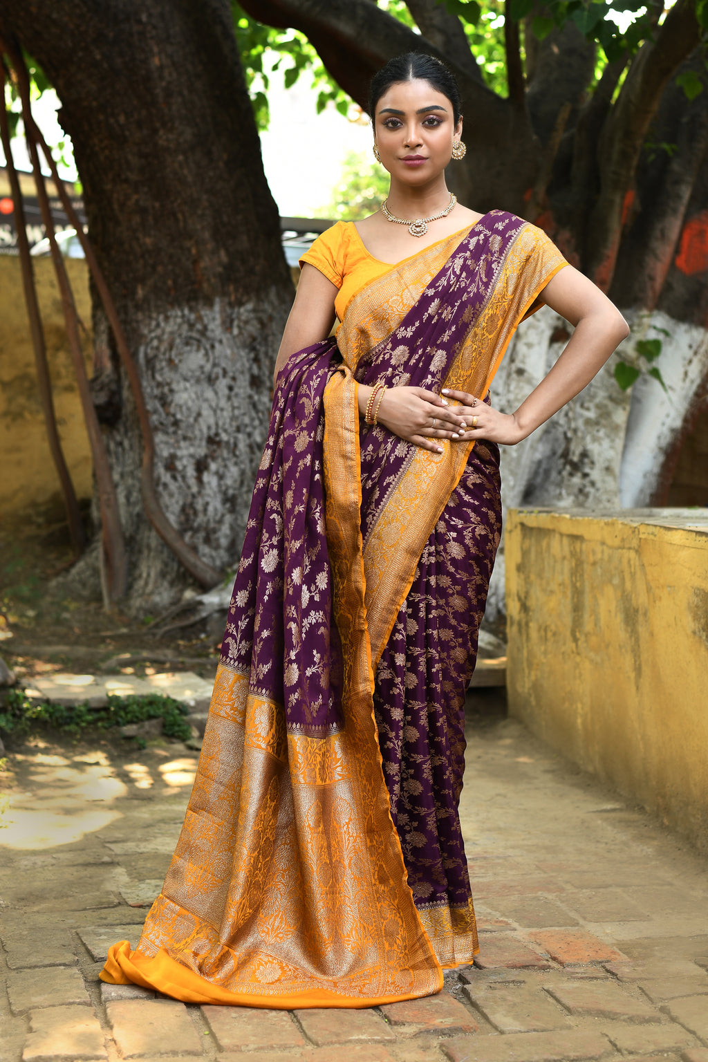 Purple Banarasi Crape Chiffon Silk Saree