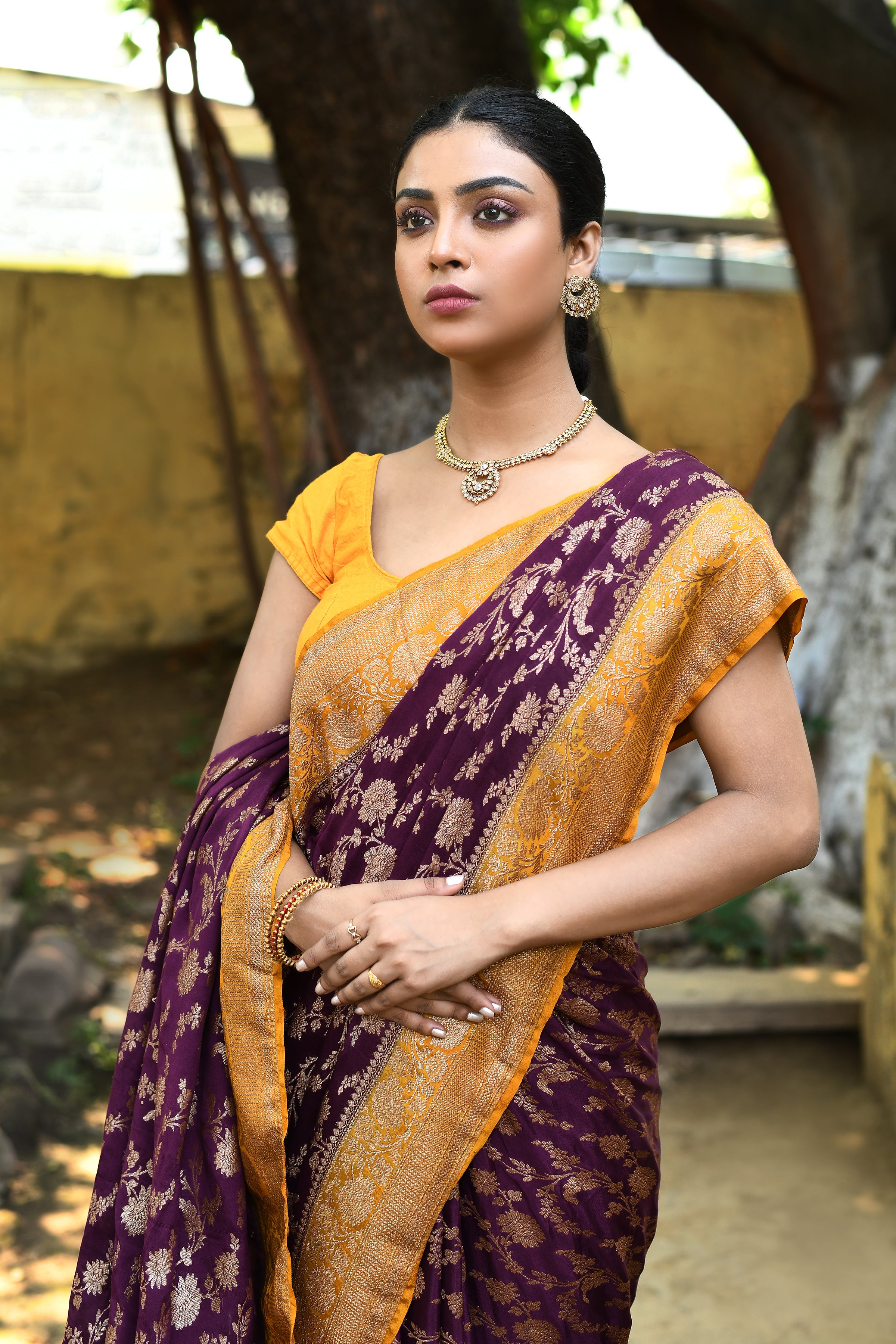 Purple Banarasi Crape Chiffon Silk Saree