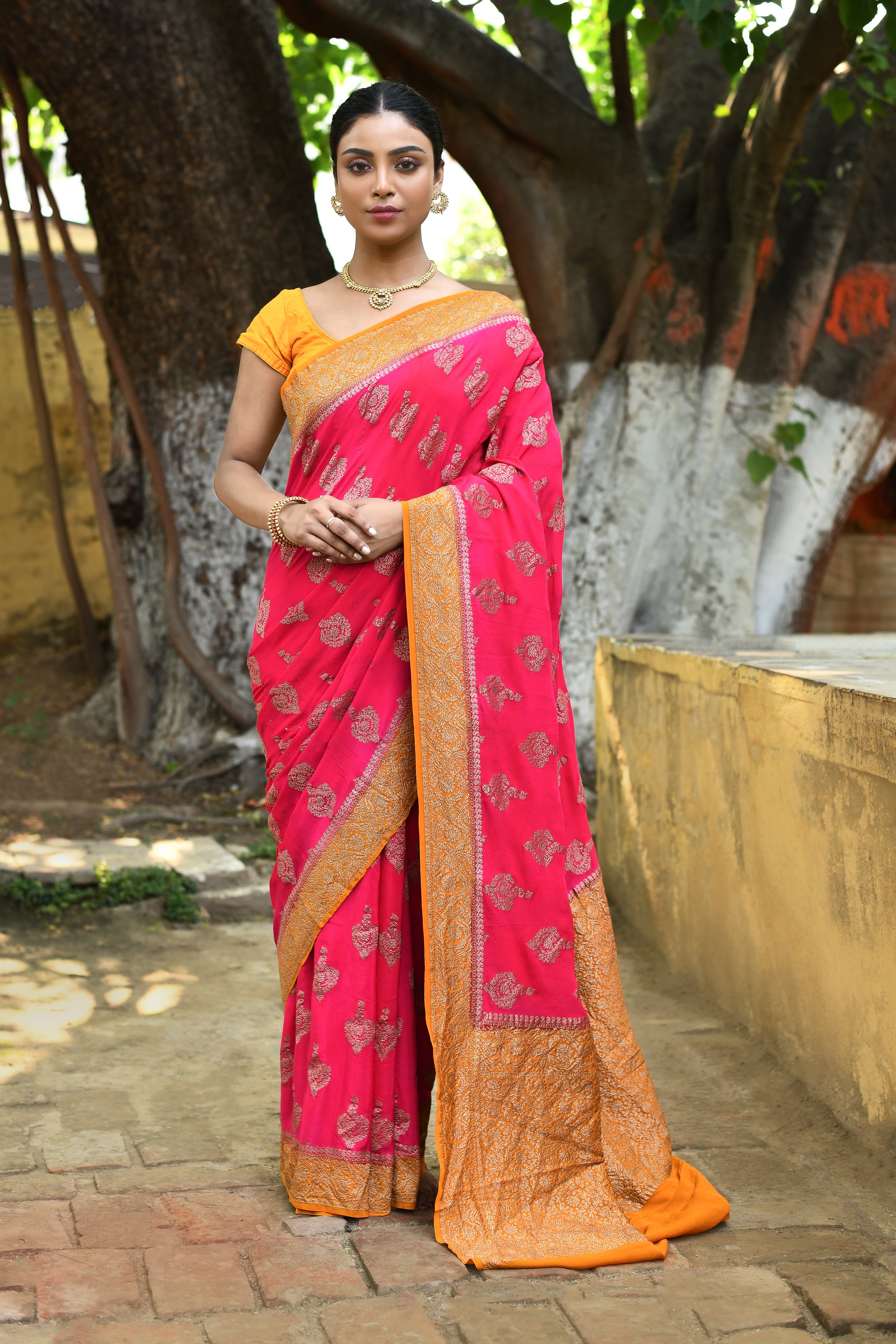 Bright Pink Banarasi Crape Chiffon Silk Saree