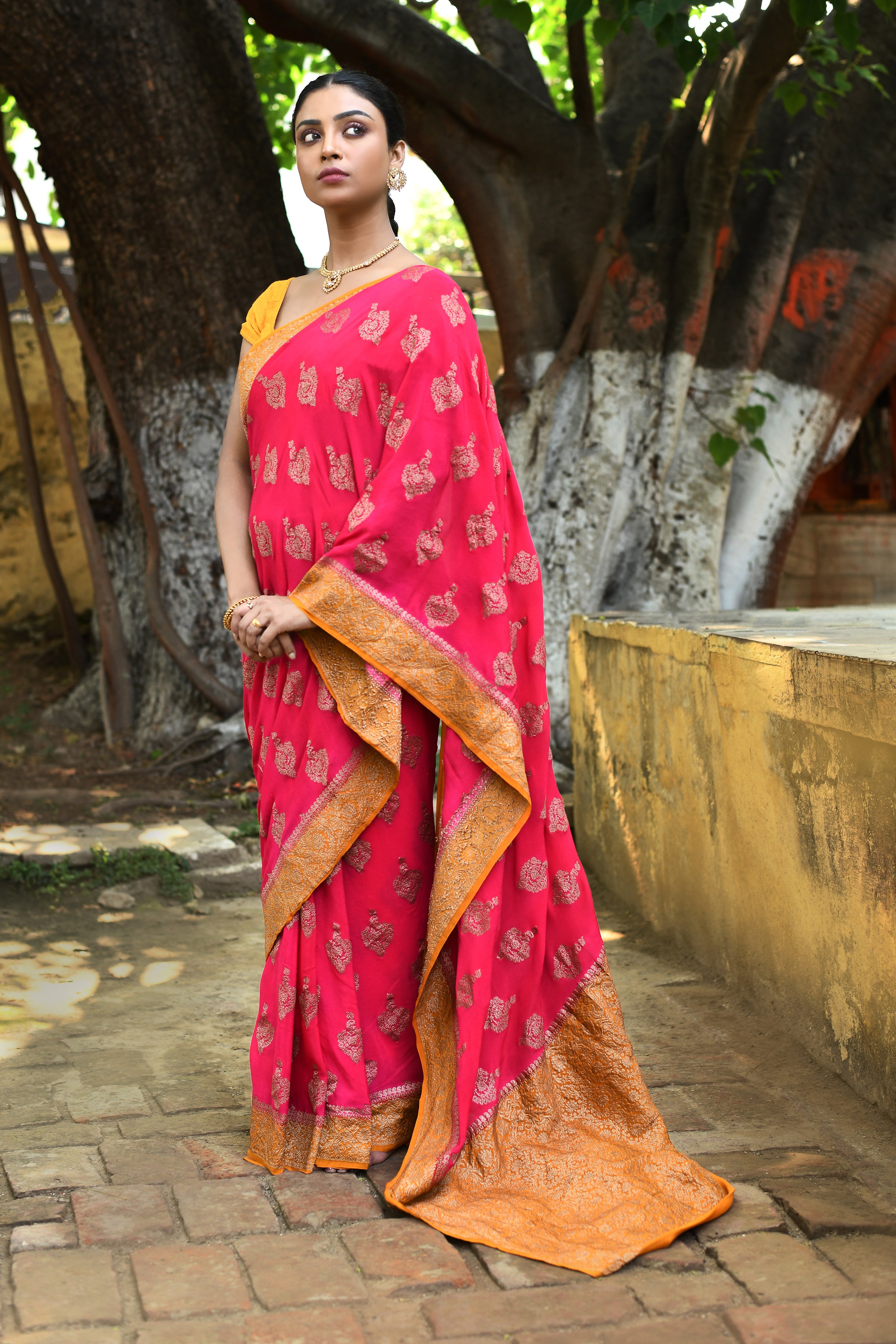 Bright Pink Banarasi Crape Chiffon Silk Saree