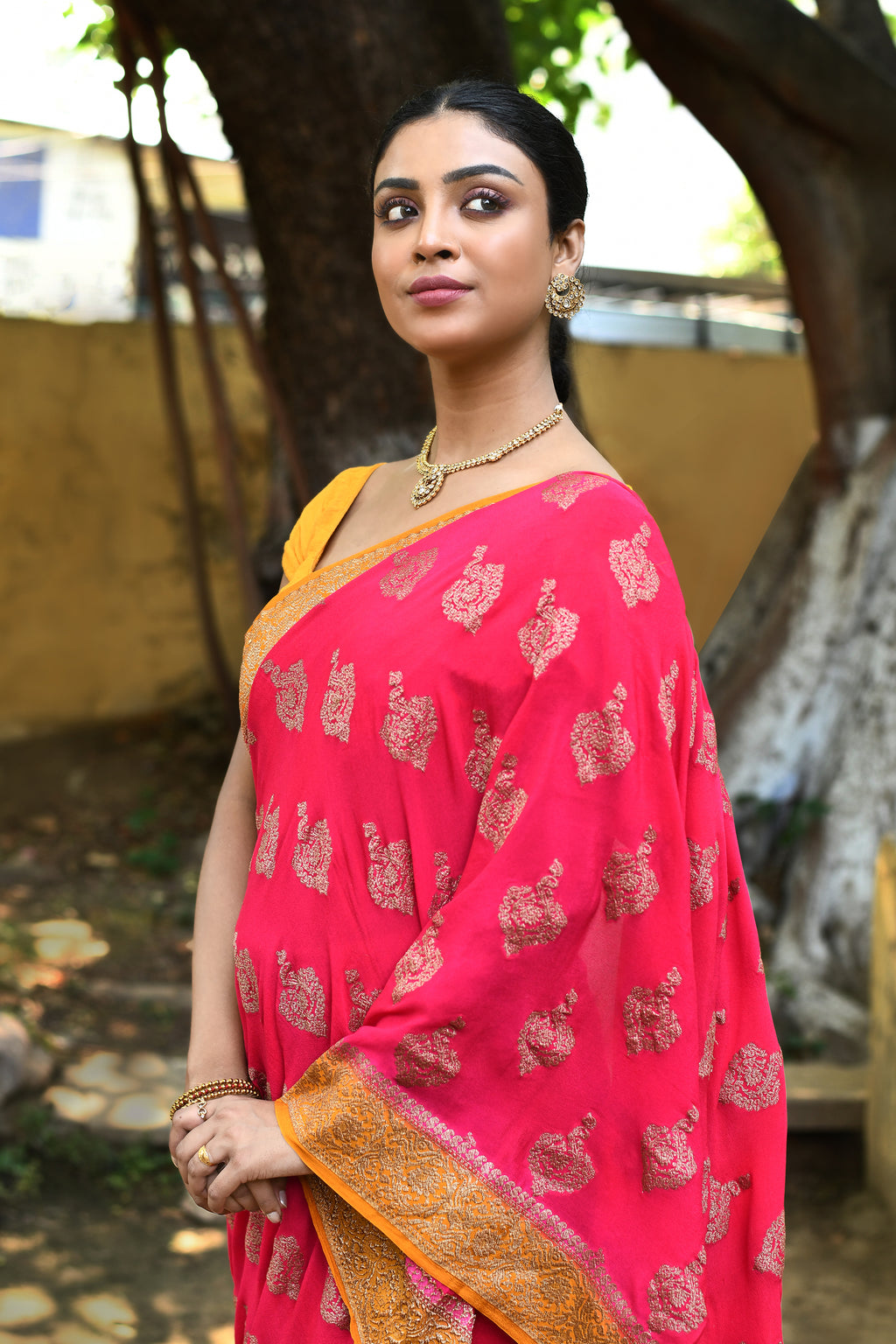 Bright Pink Banarasi Crape Chiffon Silk Saree