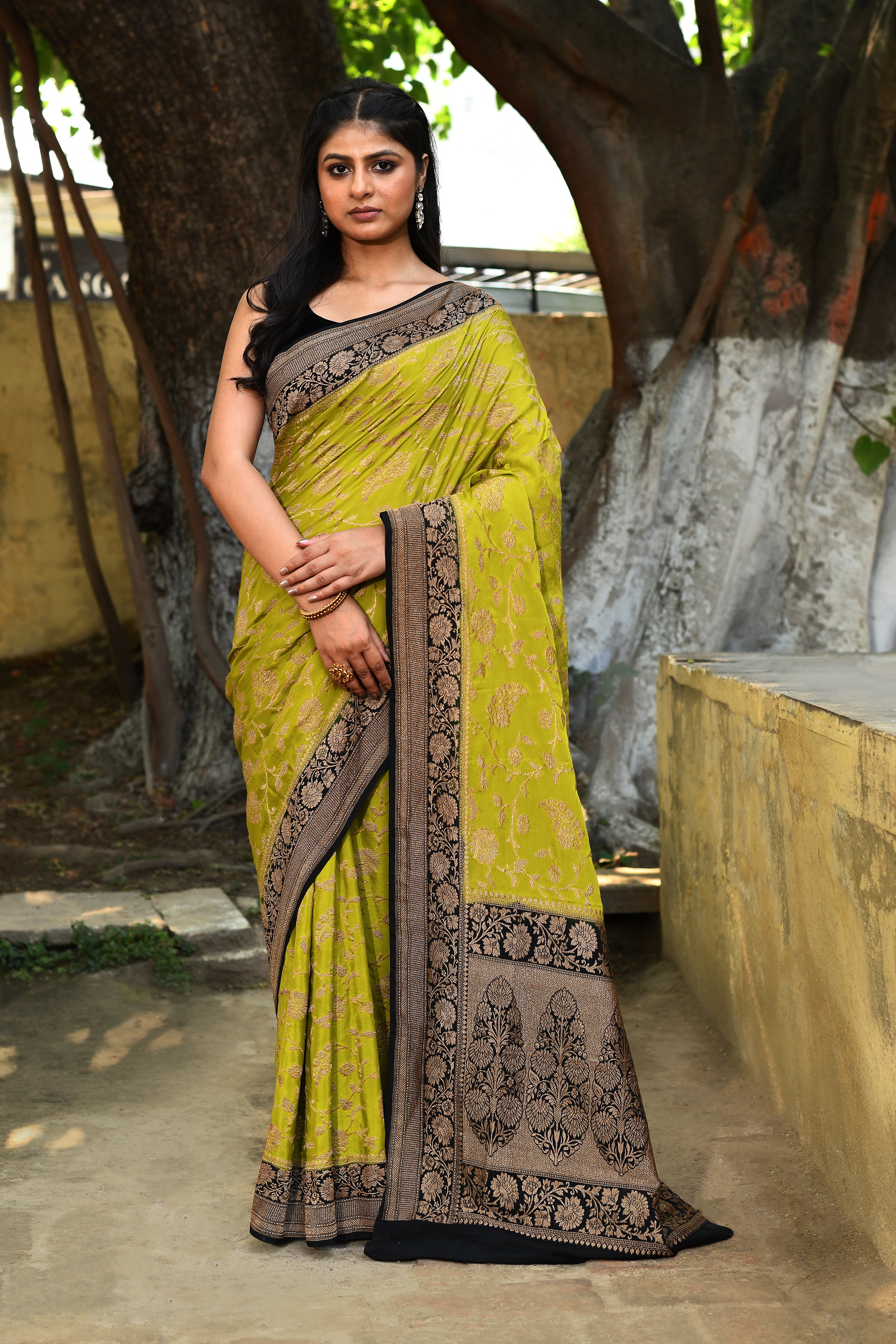 Lime Green Banarasi Crape Chiffon Silk Saree