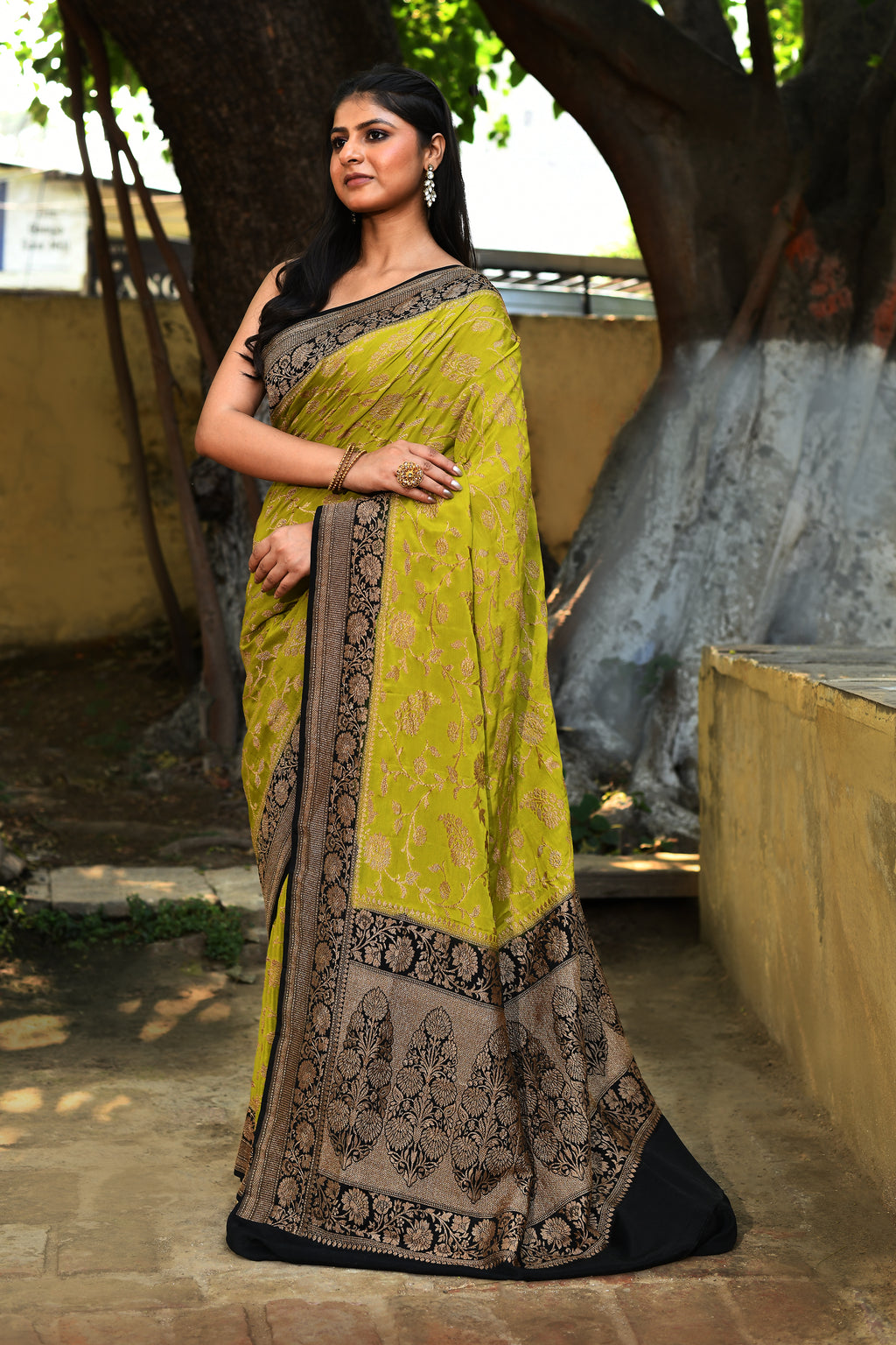 Lime Green Banarasi Crape Chiffon Silk Saree