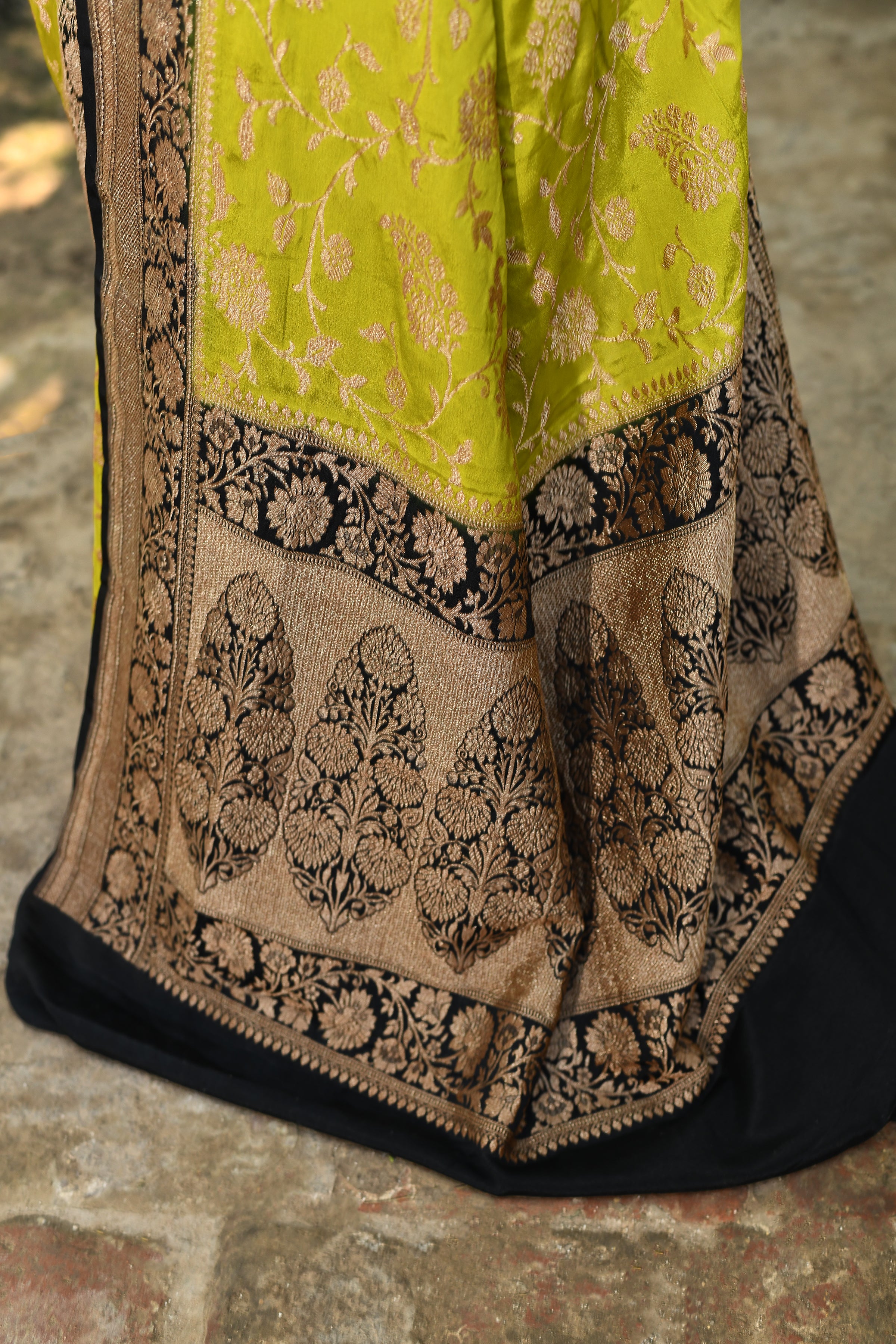 Lime Green Banarasi Crape Chiffon Silk Saree
