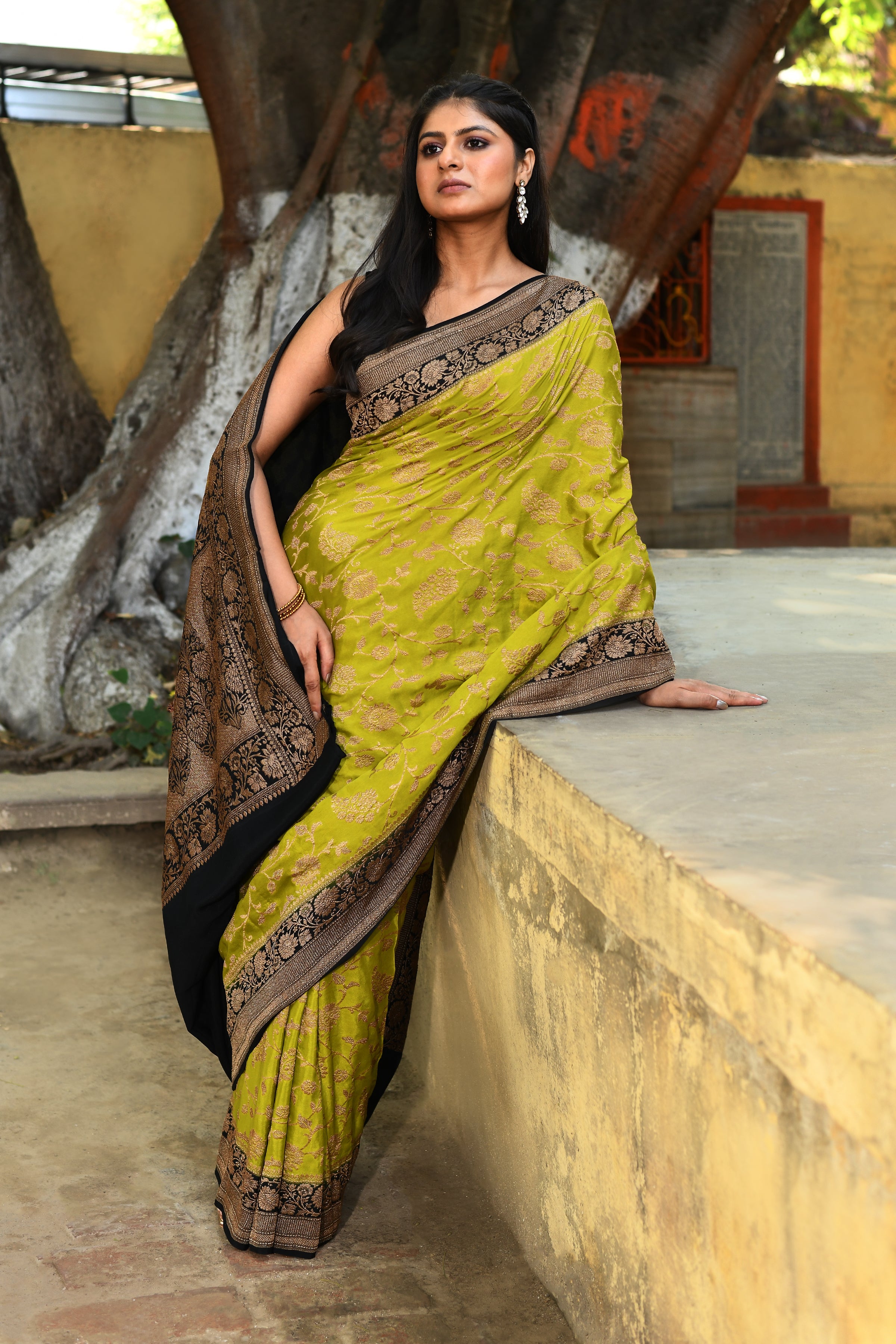 Lime Green Banarasi Crape Chiffon Silk Saree