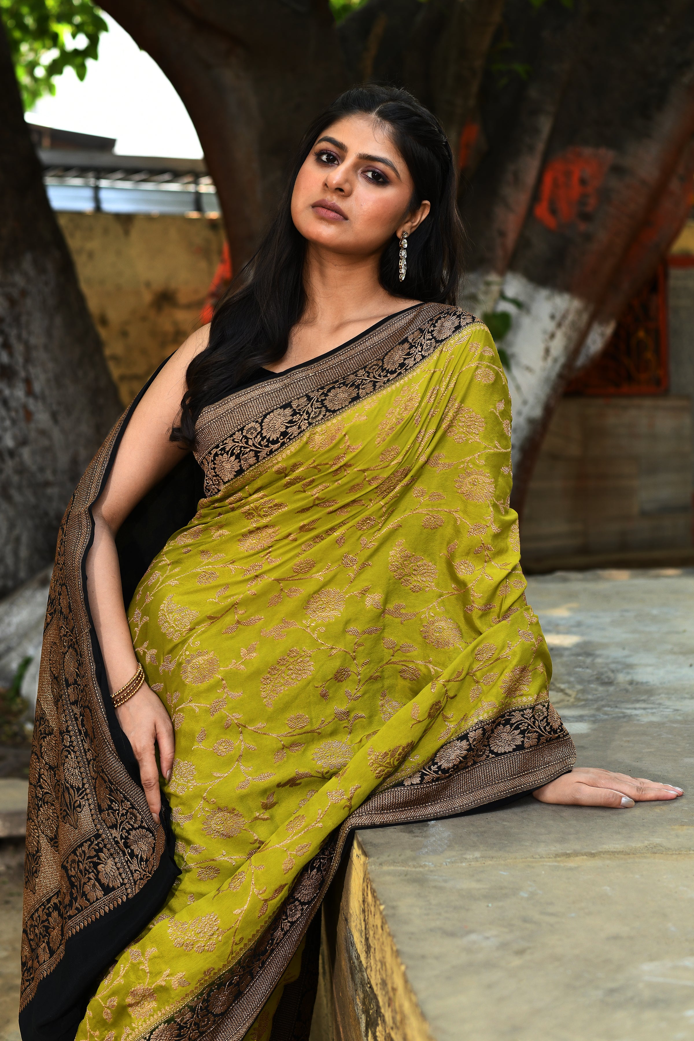 Lime Green Banarasi Crape Chiffon Silk Saree