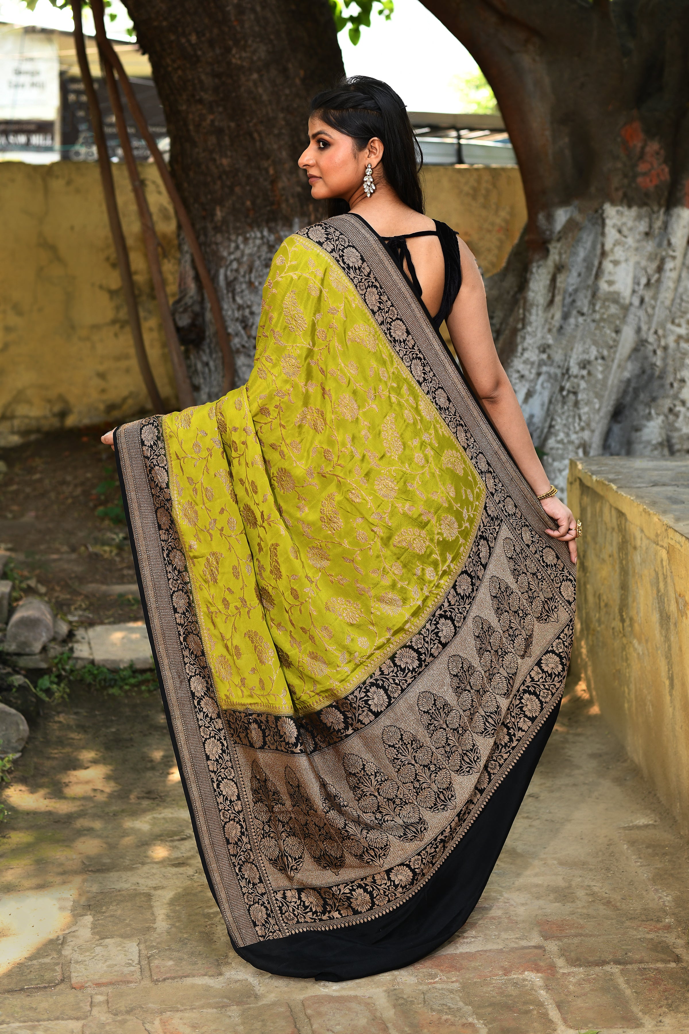 Lime Green Banarasi Crape Chiffon Silk Saree