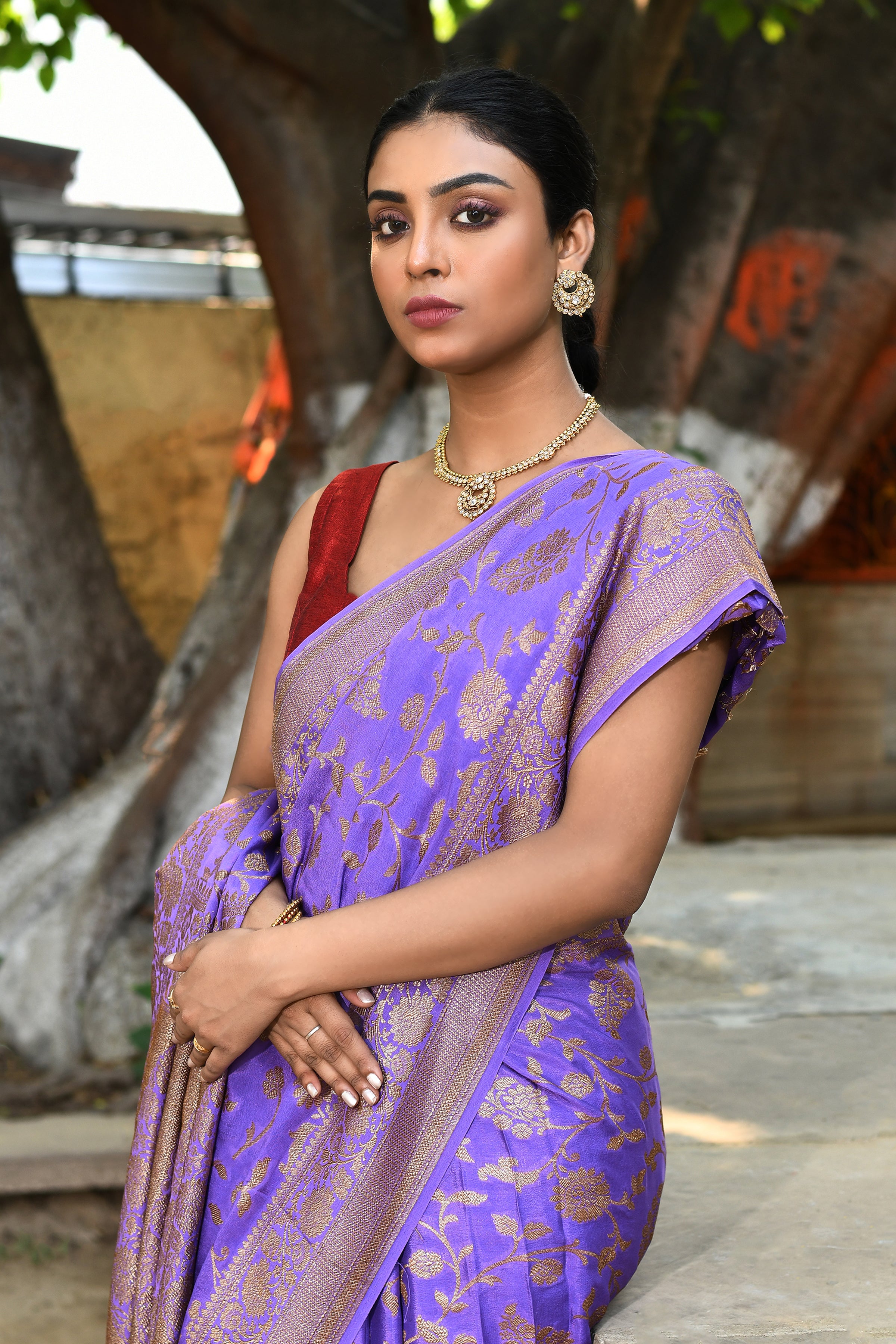 Lilac Banarasi Crape Chiffon Silk Saree