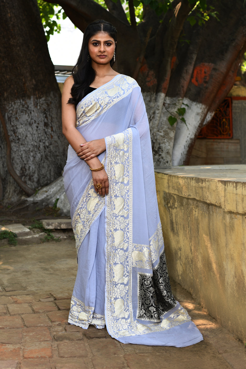 Pastel Blue and Silver Banarasi Crape Chiffon Silk Saree
