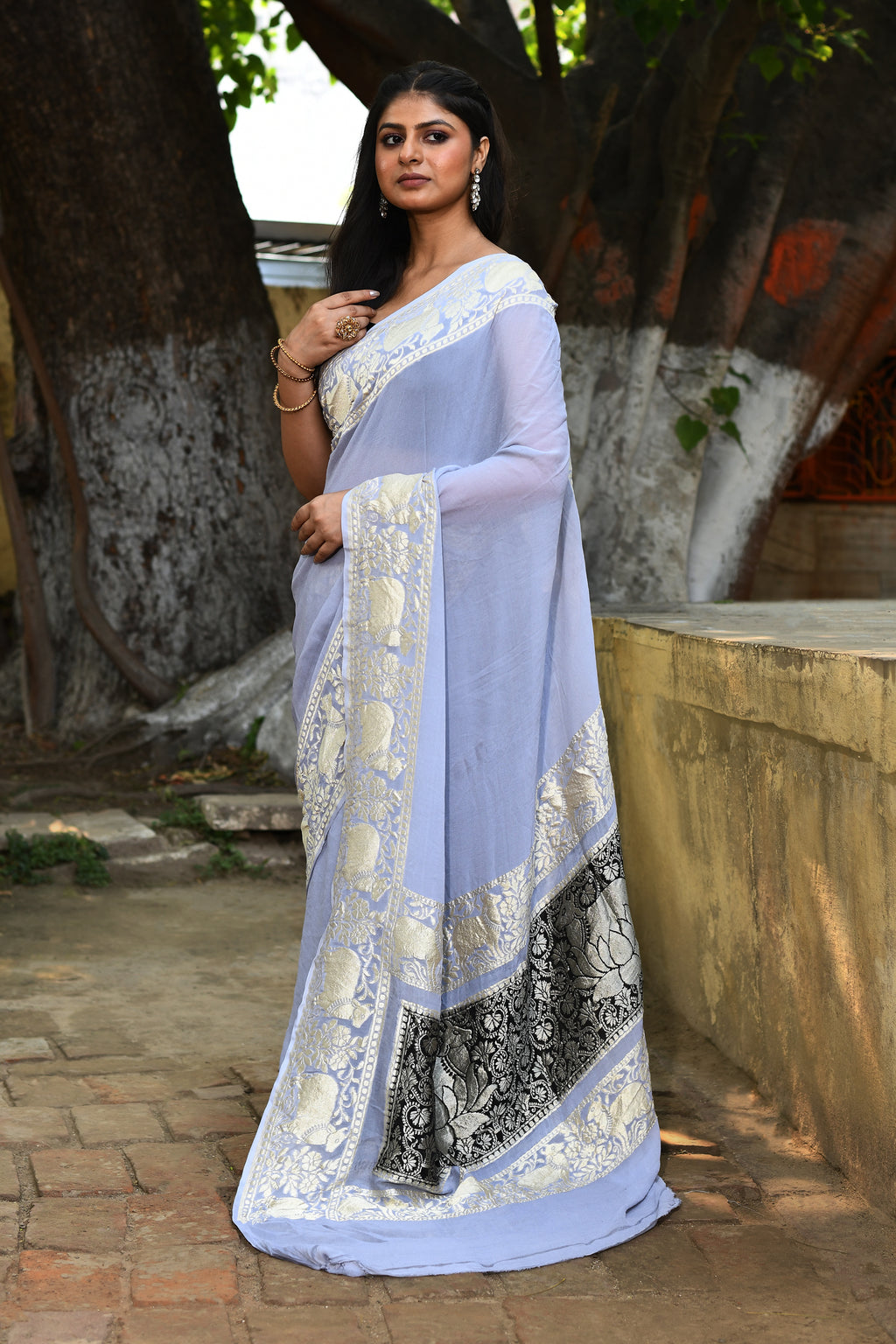 Pastel Blue and Silver Banarasi Crape Chiffon Silk Saree