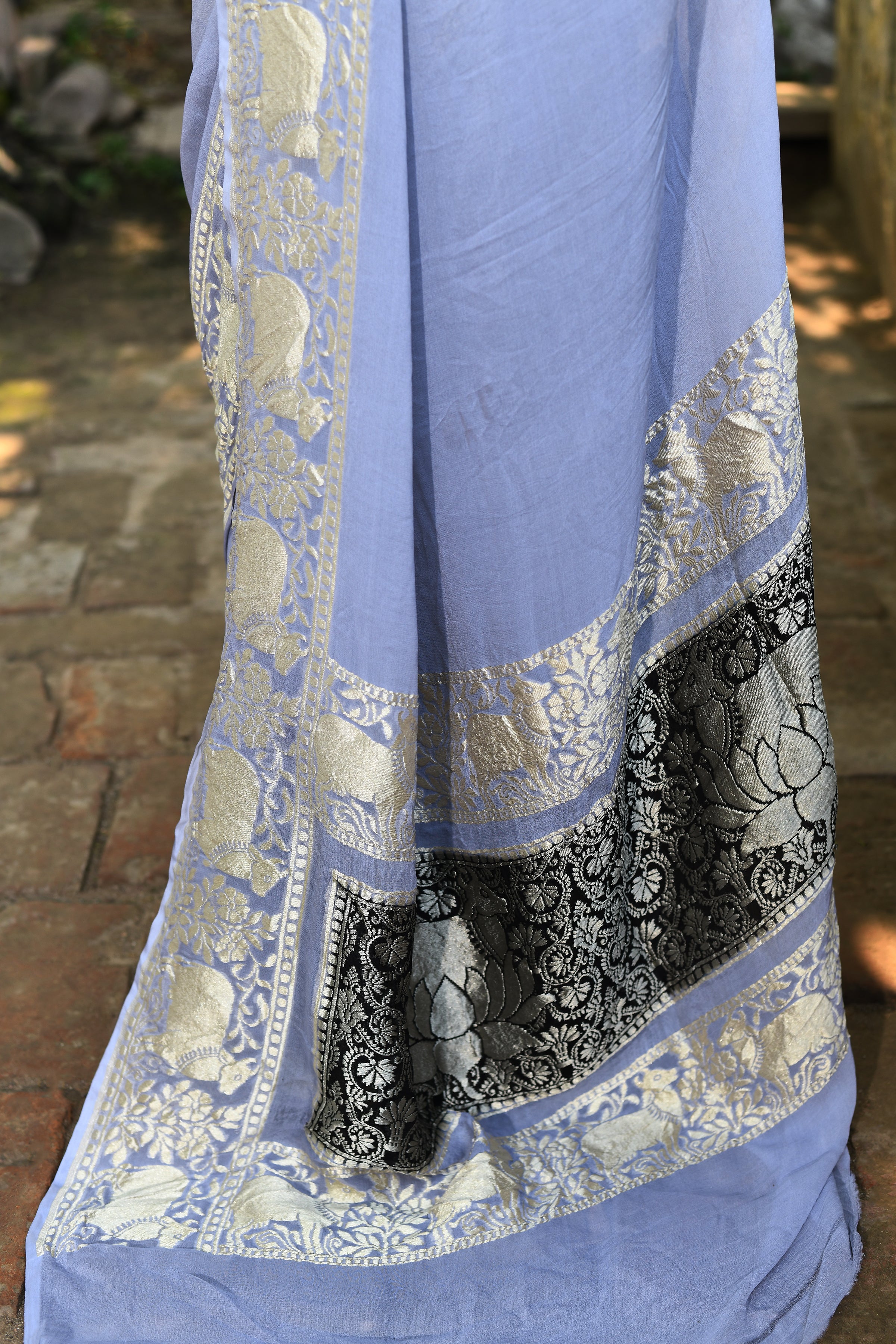 Pastel Blue and Silver Banarasi Crape Chiffon Silk Saree