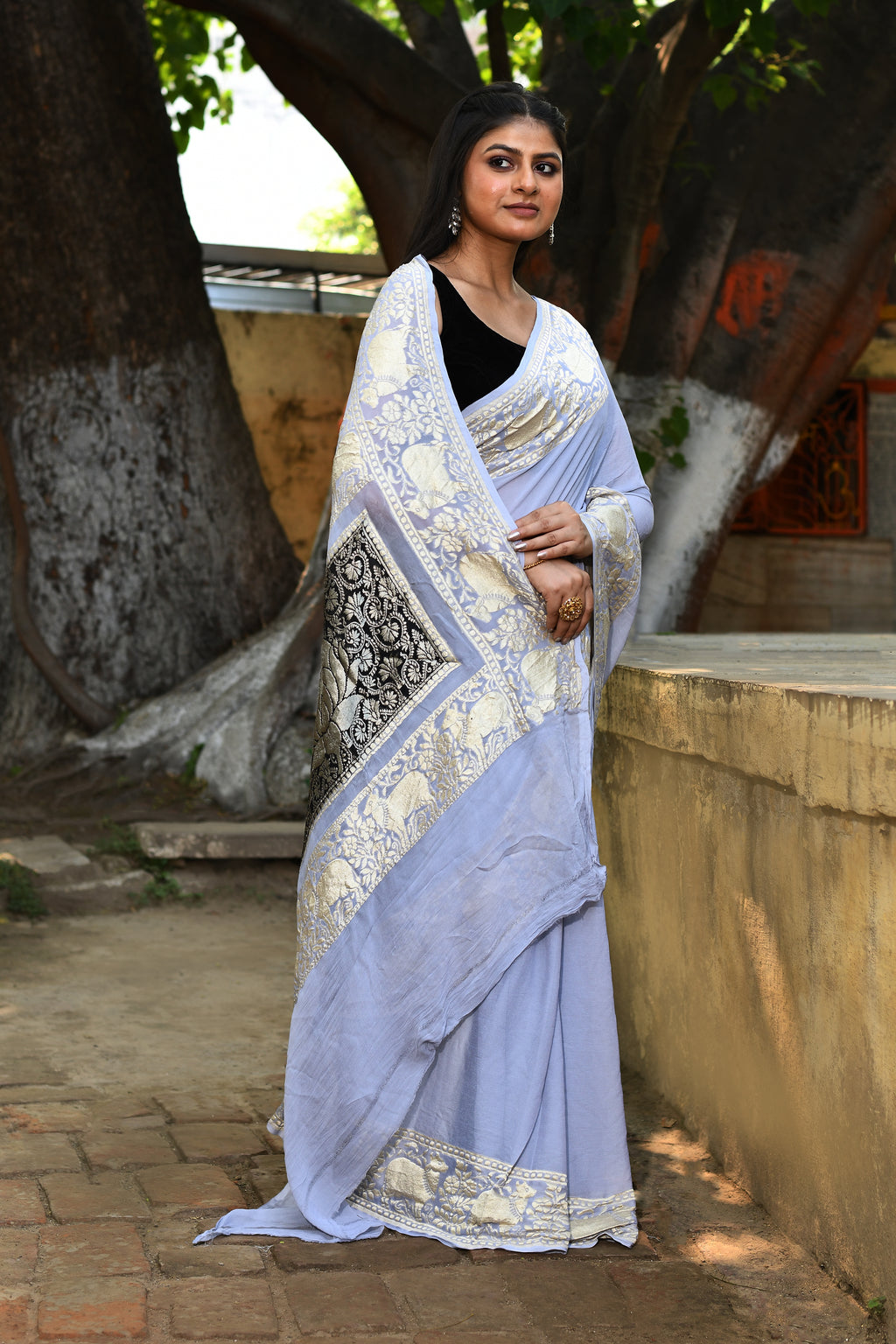 Pastel Blue and Silver Banarasi Crape Chiffon Silk Saree
