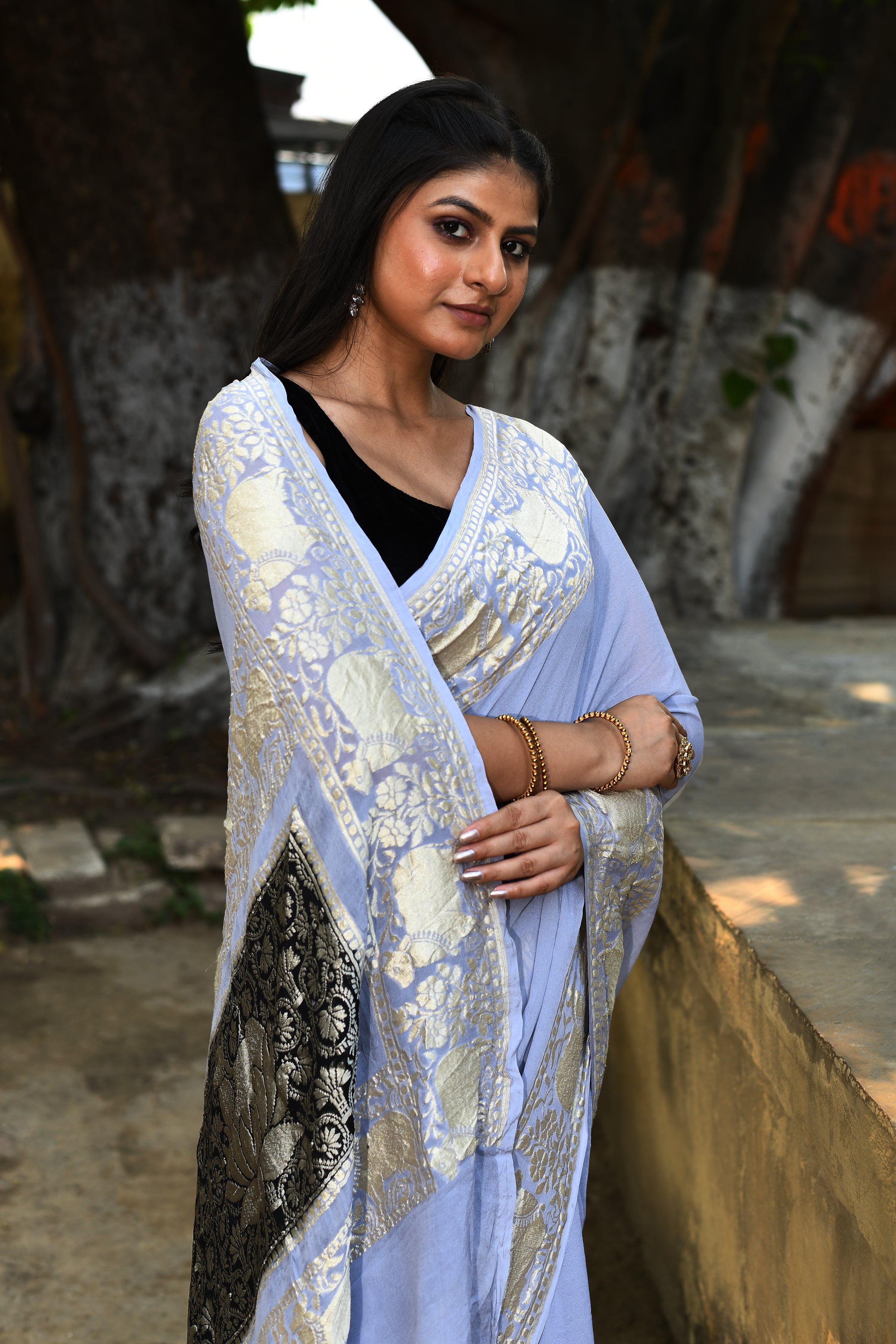 Pastel Blue and Silver Banarasi Crape Chiffon Silk Saree