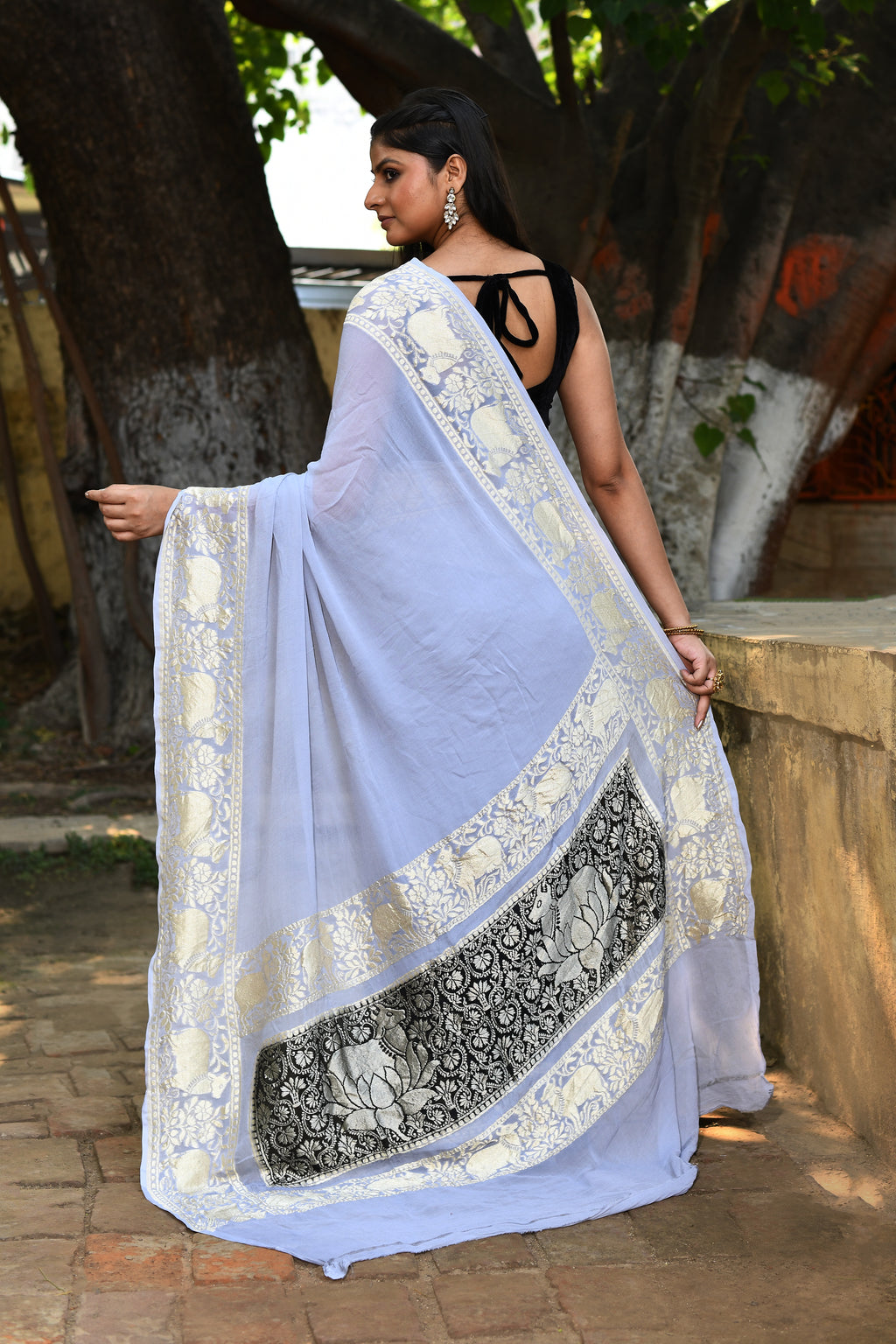 Pastel Blue and Silver Banarasi Crape Chiffon Silk Saree