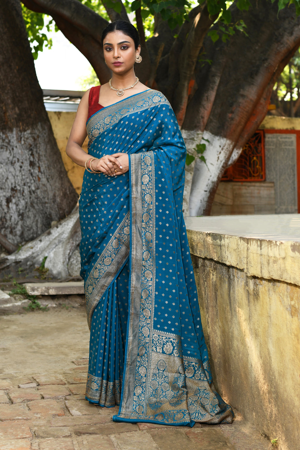 Peacock Blue Banarasi Crape Chiffon Silk Saree