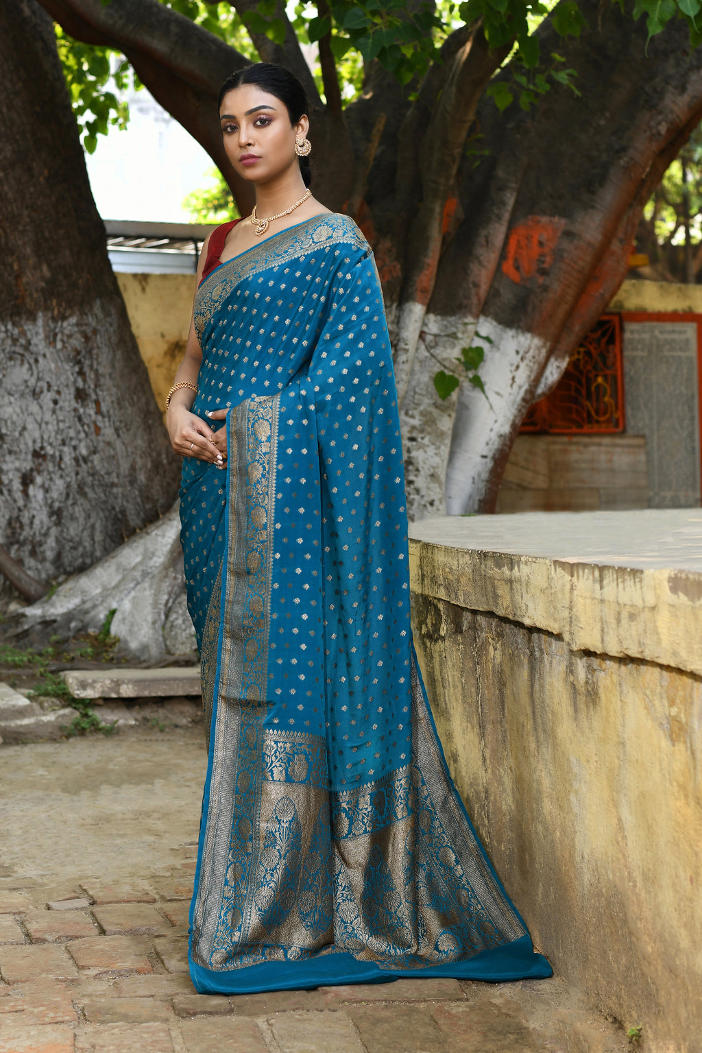 Peacock Blue Banarasi Crape Chiffon Silk Saree