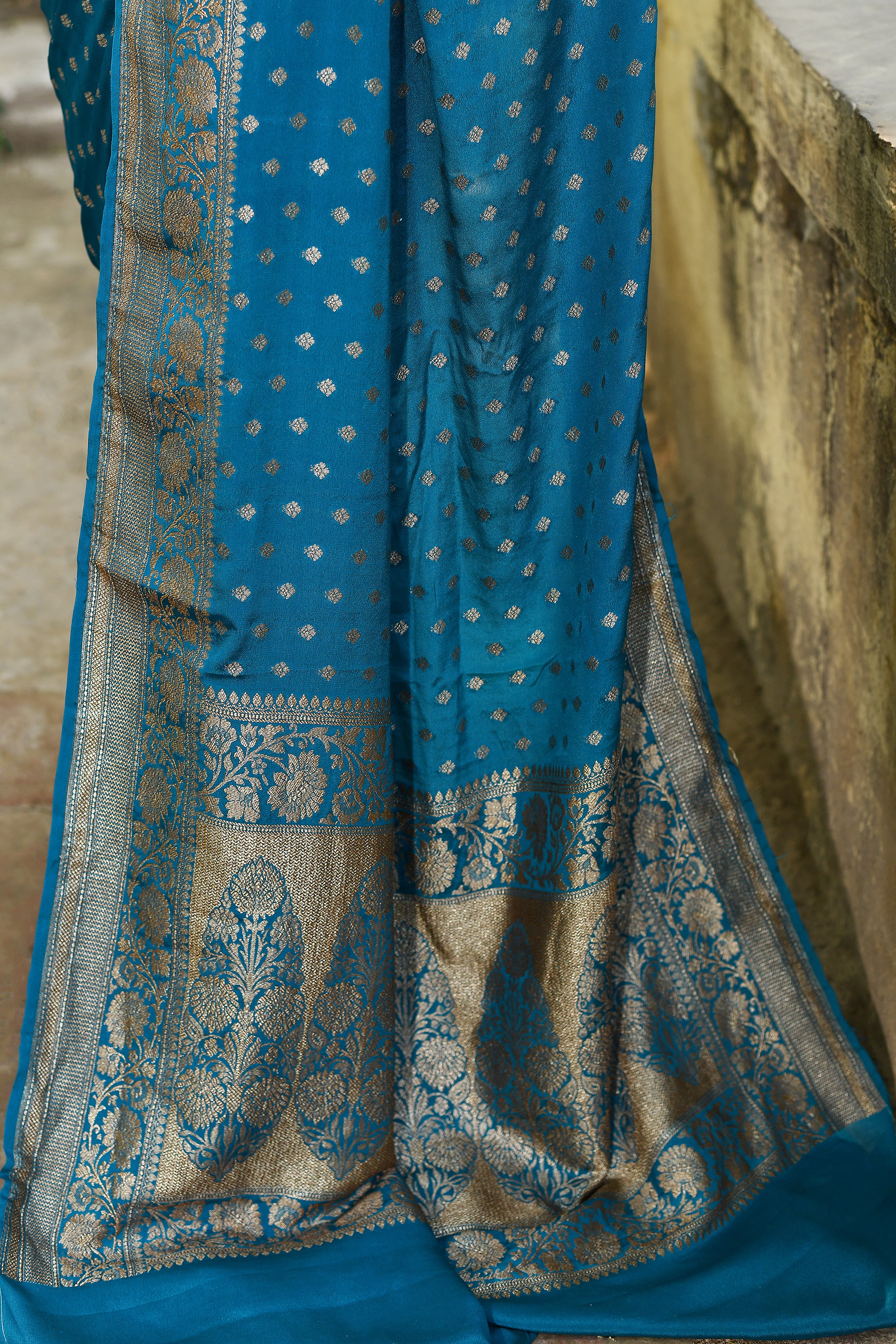 Peacock Blue Banarasi Crape Chiffon Silk Saree