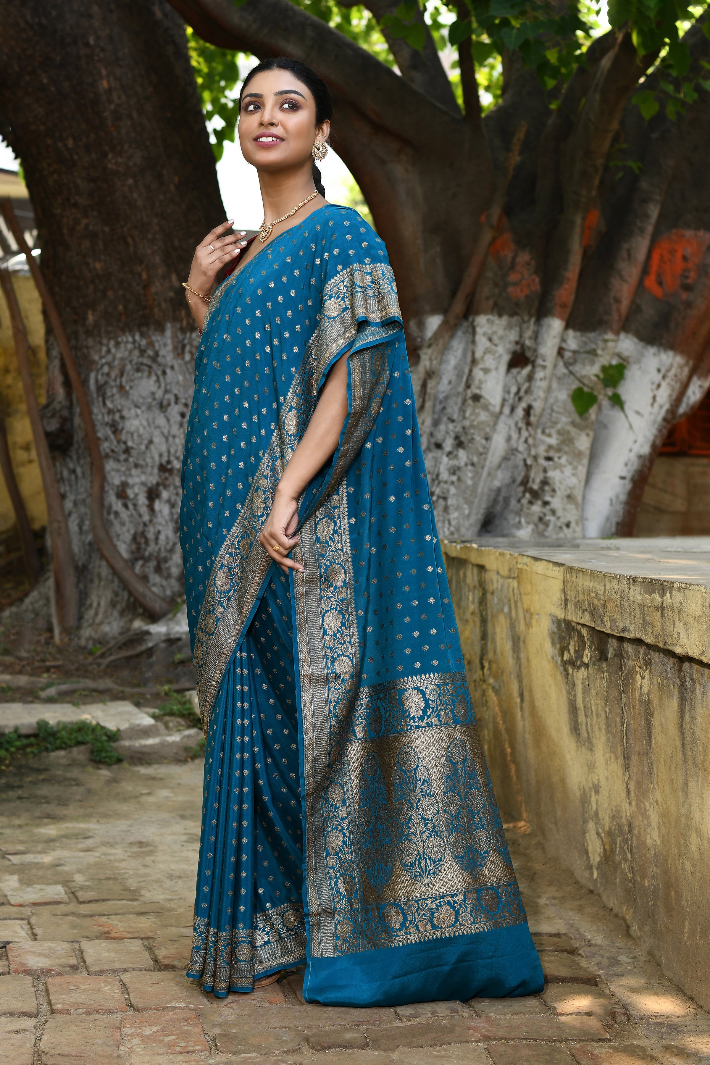 Peacock Blue Banarasi Crape Chiffon Silk Saree