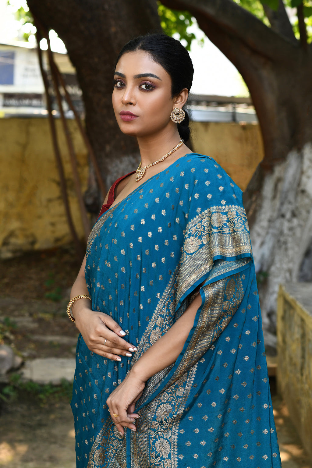 Peacock Blue Banarasi Crape Chiffon Silk Saree