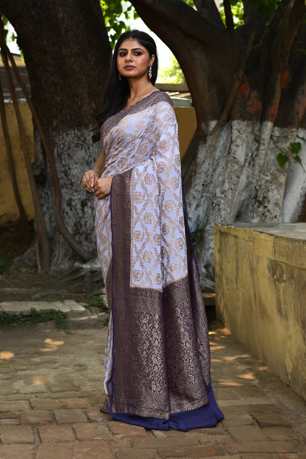 Pastel Blue Banarasi Crape Chiffon Silk Saree