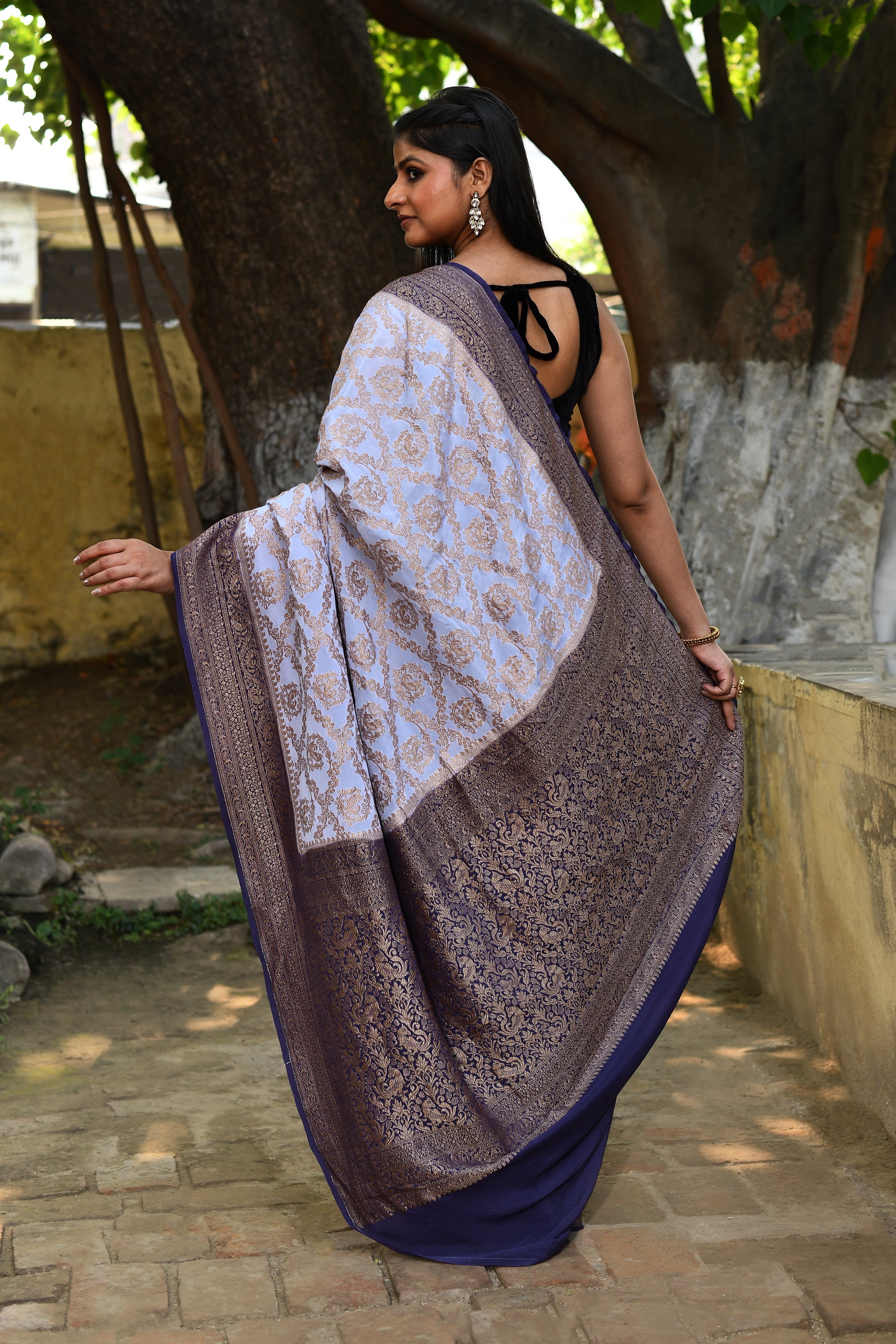 Pastel Blue Banarasi Crape Chiffon Silk Saree