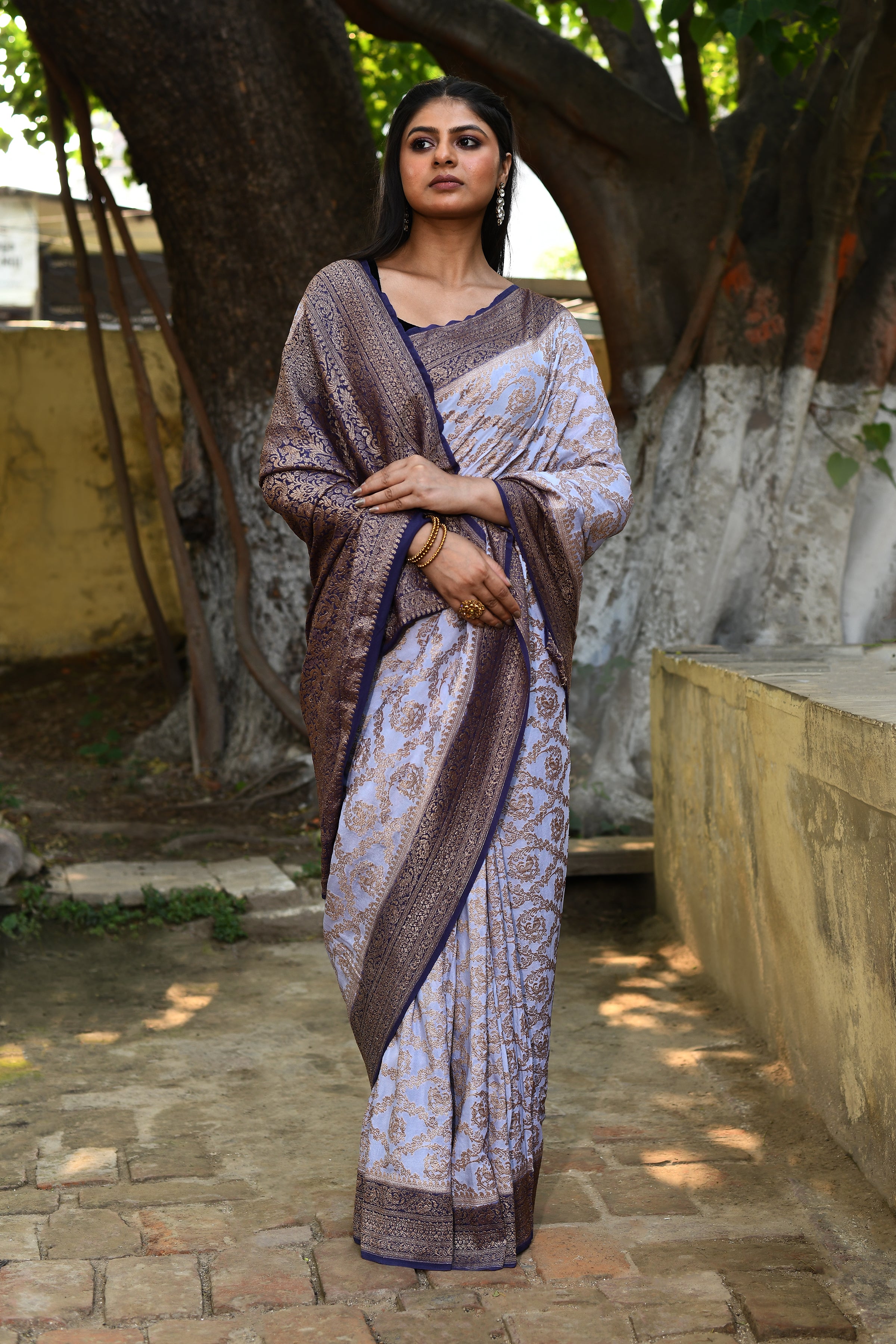 Pastel Blue Banarasi Crape Chiffon Silk Saree