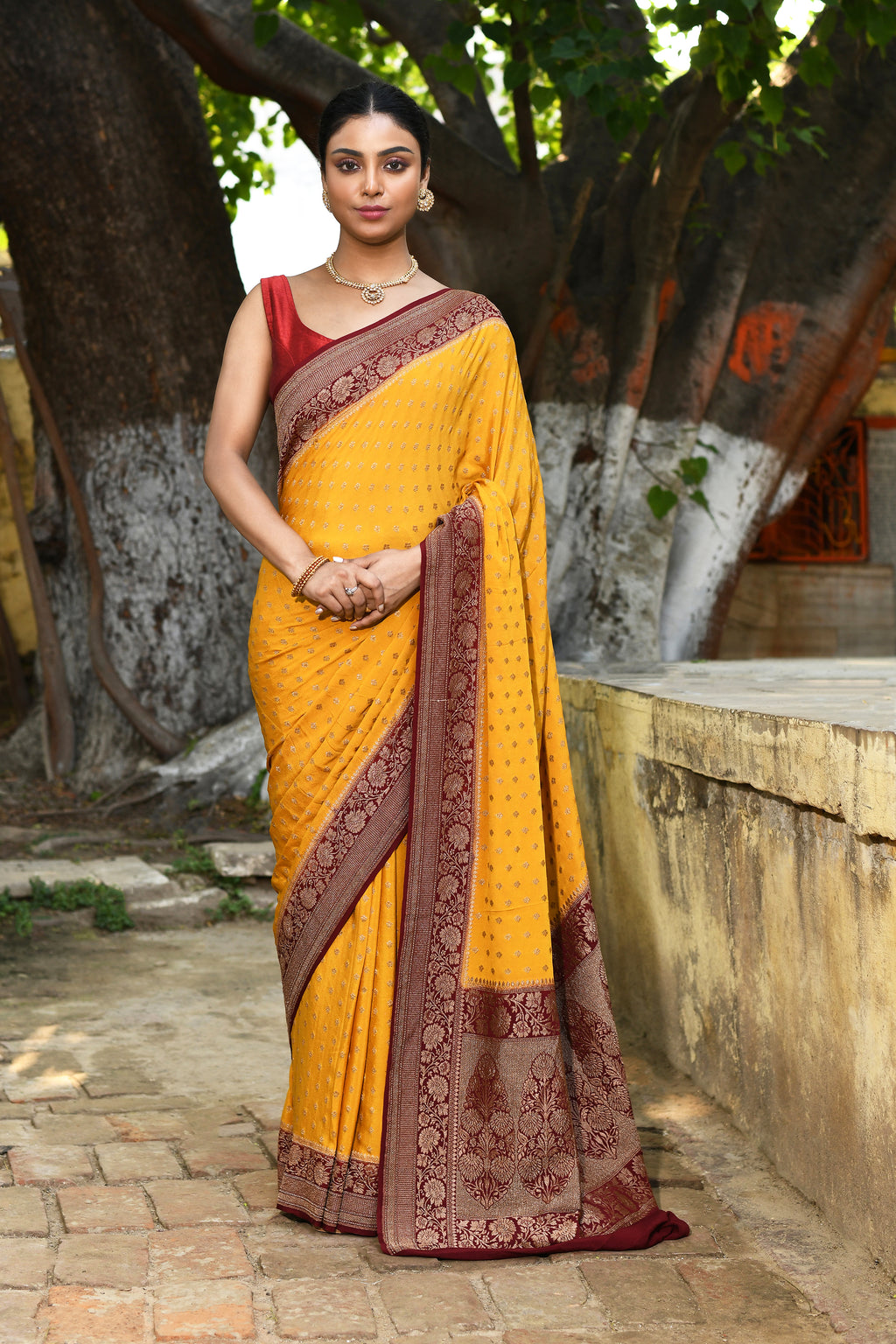 Yellow Banarasi Crape Chiffon Silk Saree