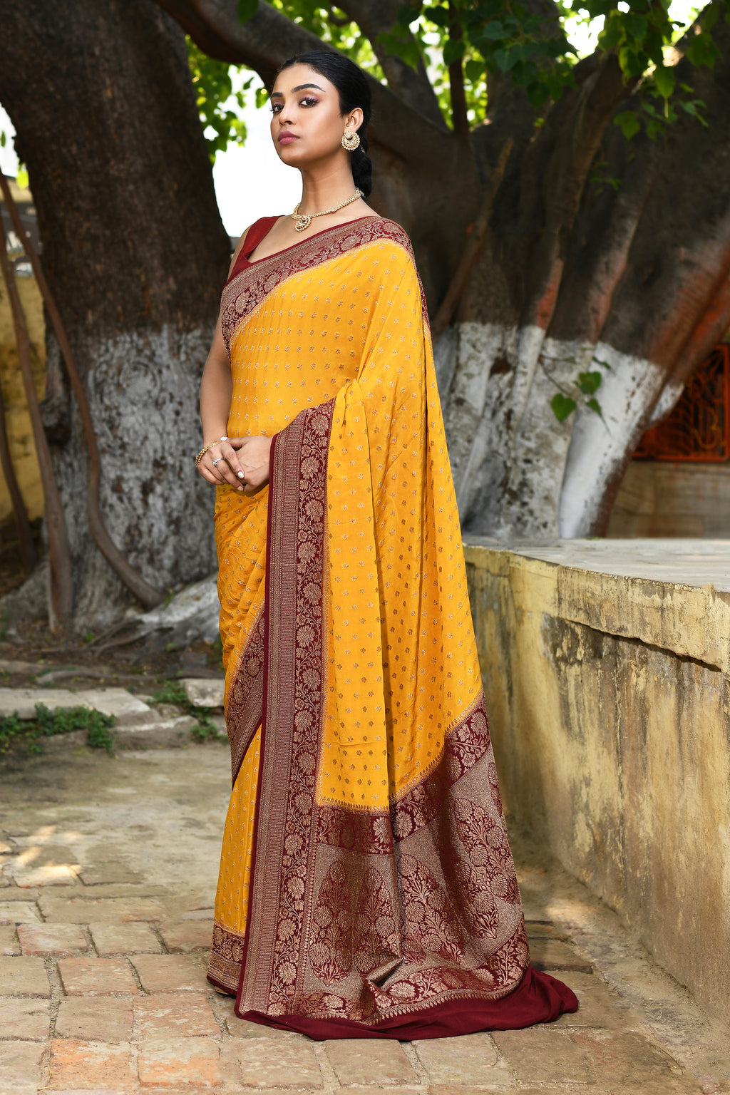 Yellow Banarasi Crape Chiffon Silk Saree