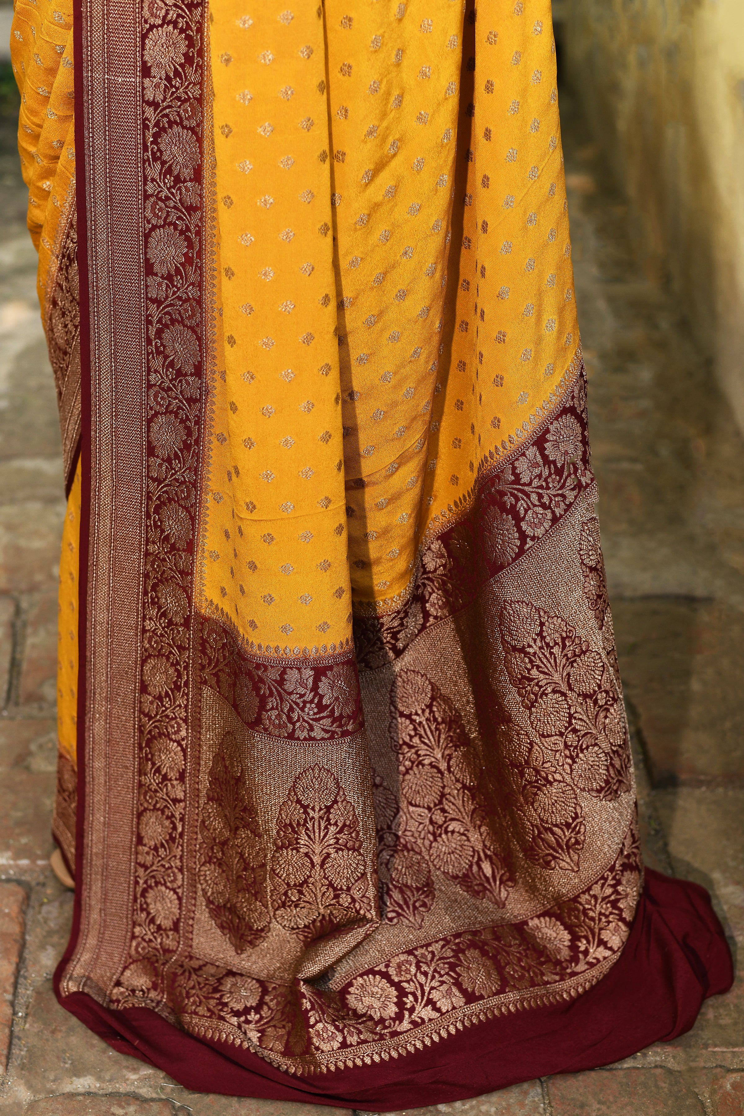 Yellow Banarasi Crape Chiffon Silk Saree