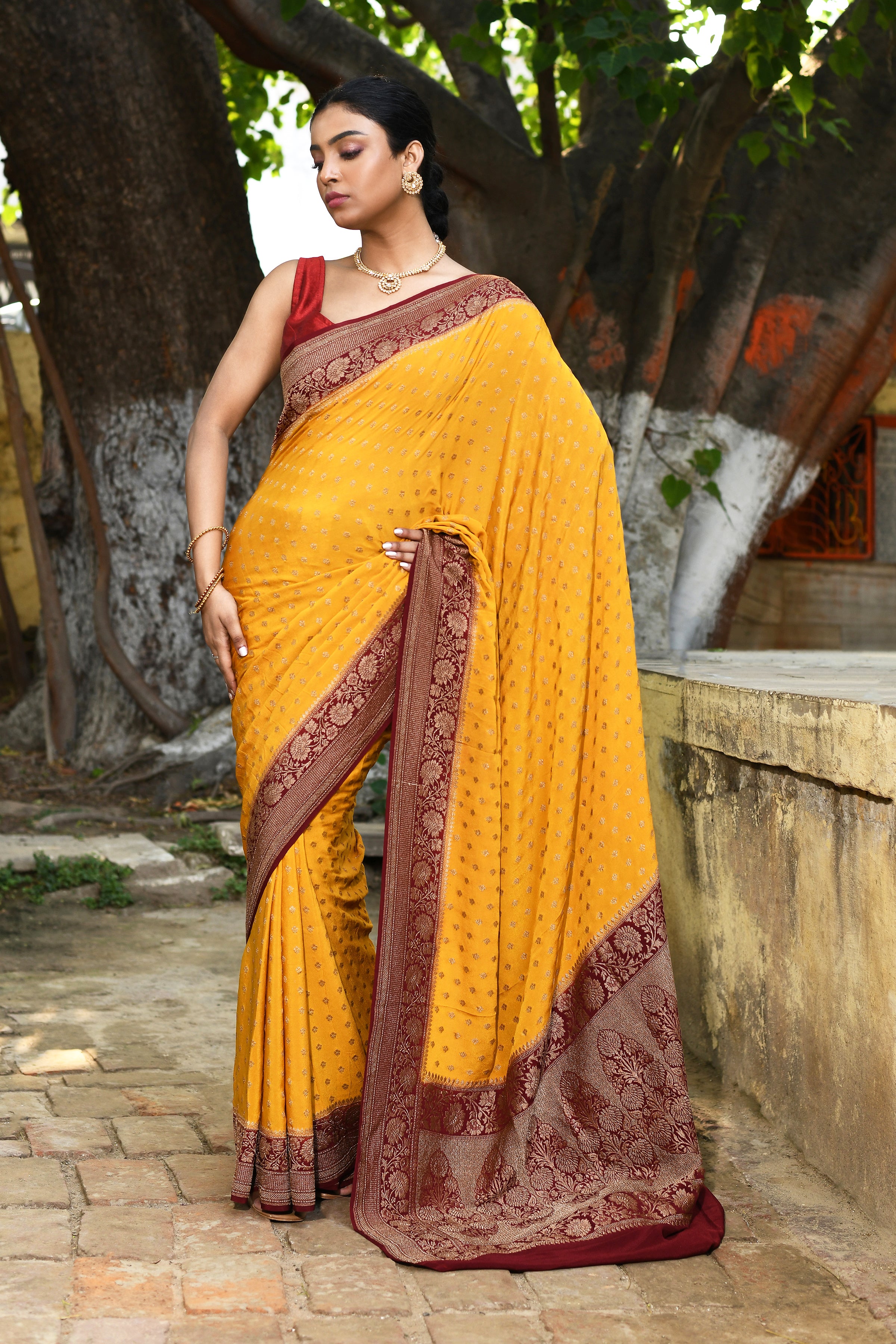Yellow Banarasi Crape Chiffon Silk Saree