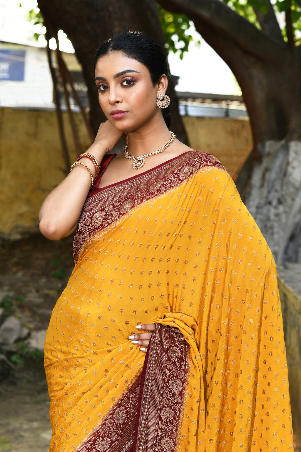 Yellow Banarasi Crape Chiffon Silk Saree