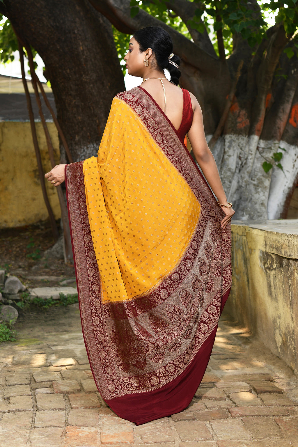 Yellow Banarasi Crape Chiffon Silk Saree