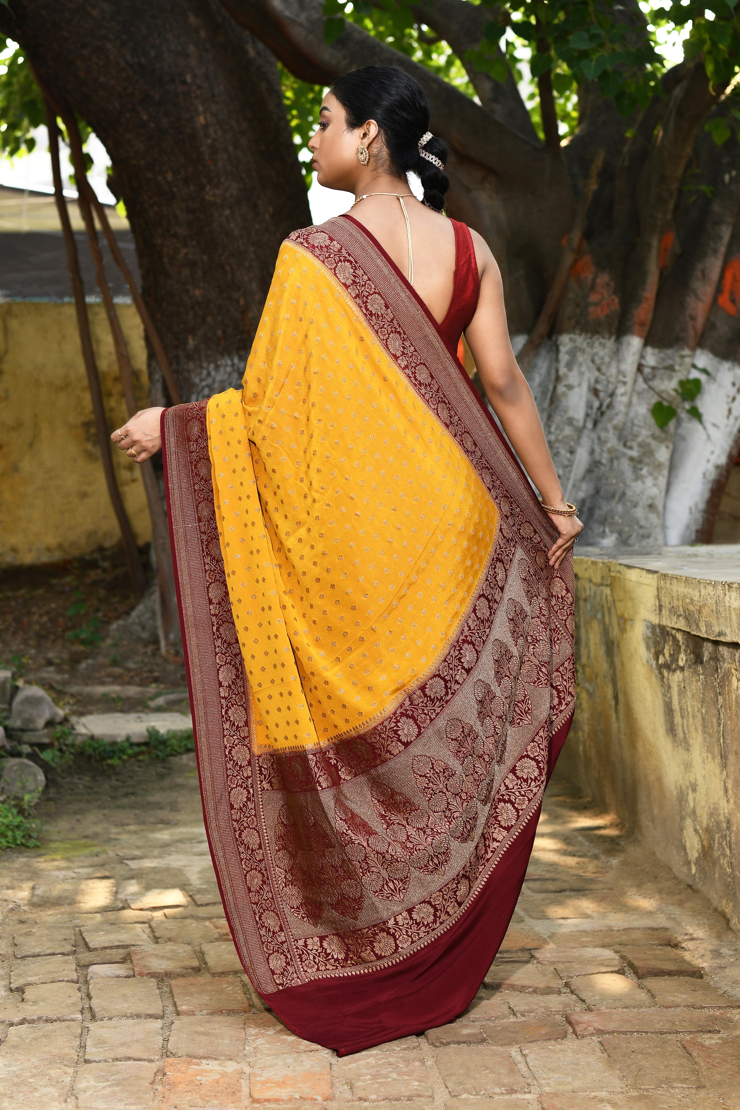 Yellow Banarasi Crape Chiffon Silk Saree