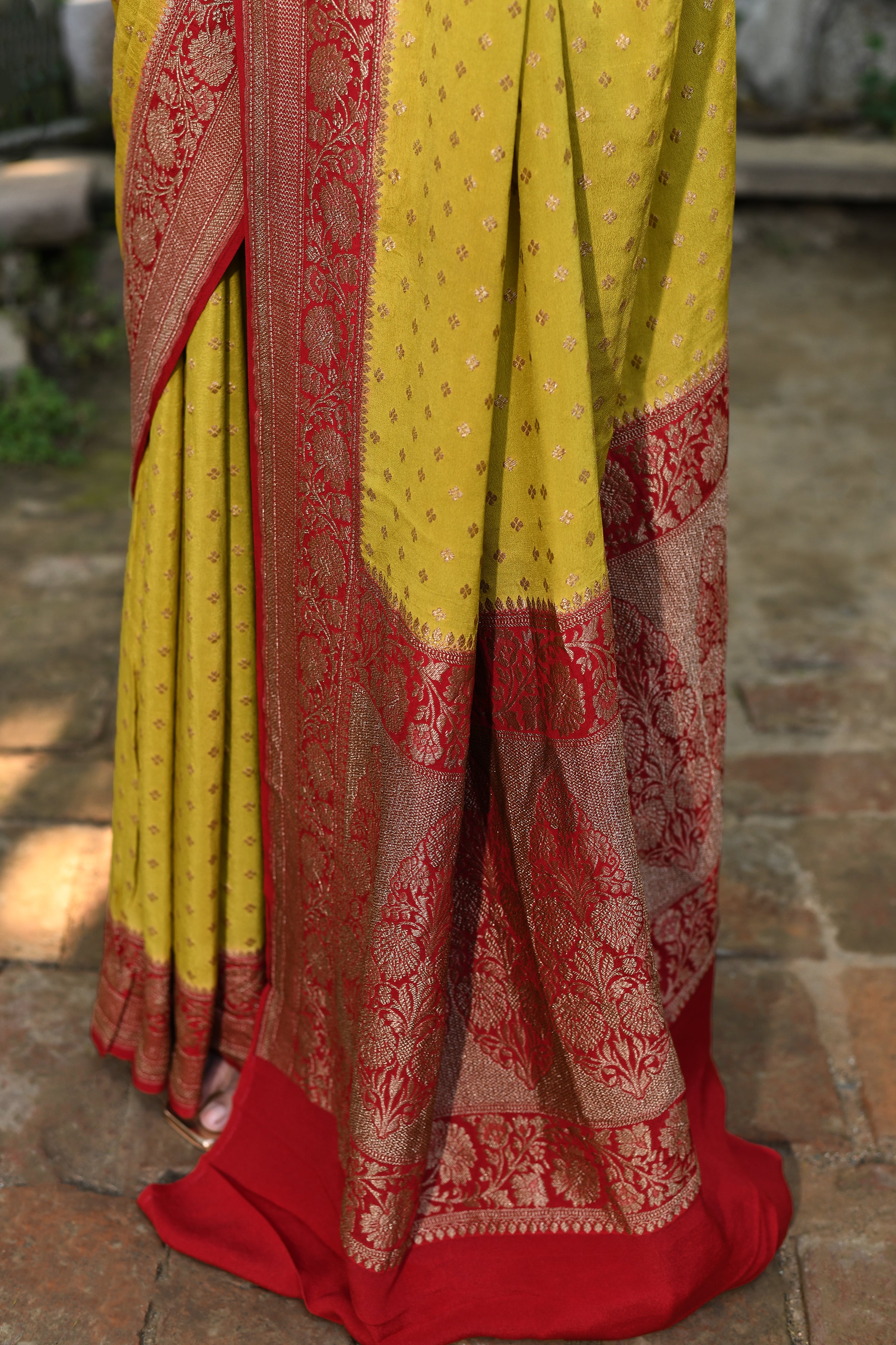Yellow Handwoven Banarasi Crape Chiffon Silk Saree