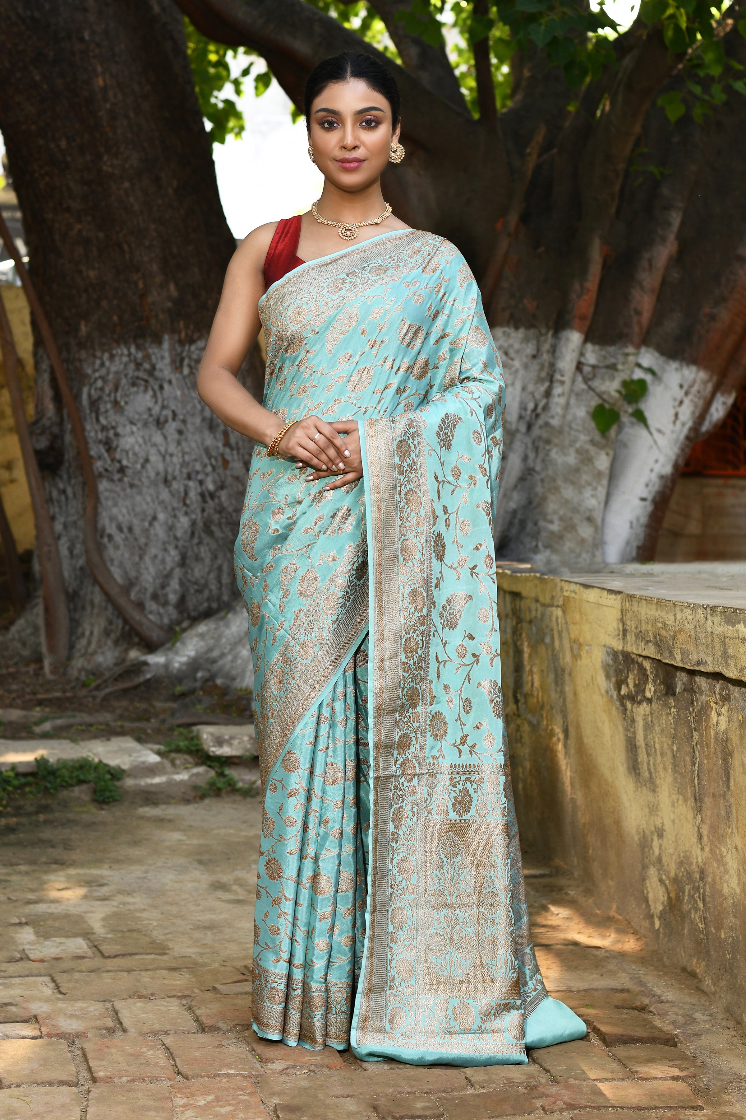 Aqua Banarasi Crape Chiffon Silk Saree