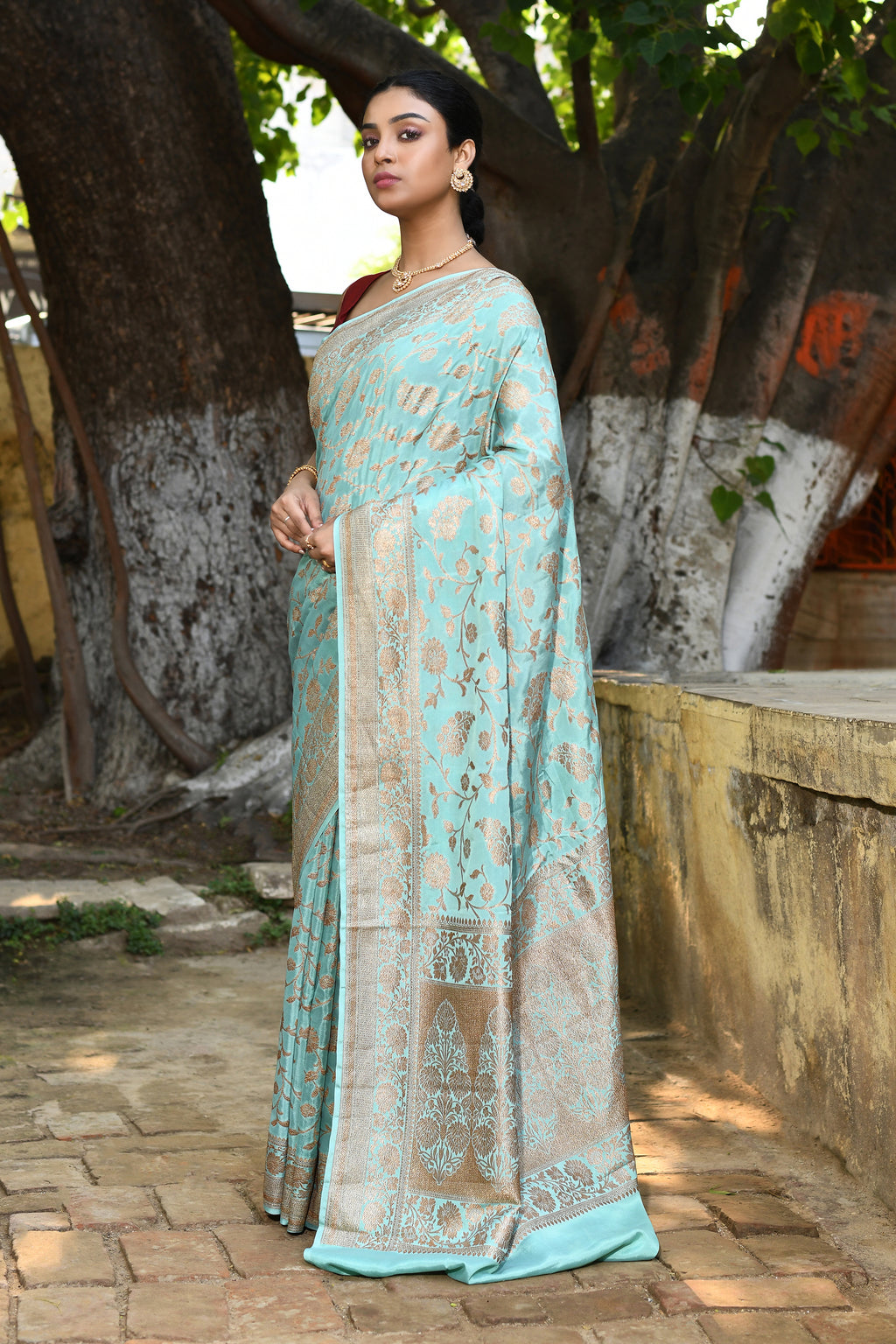 Aqua Banarasi Crape Chiffon Silk Saree