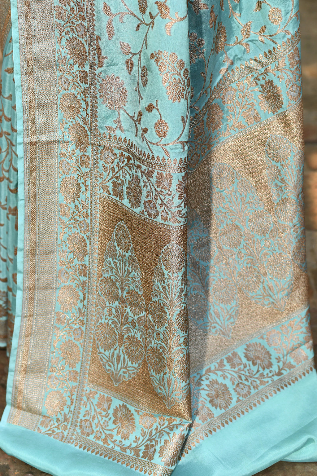 Aqua Banarasi Crape Chiffon Silk Saree